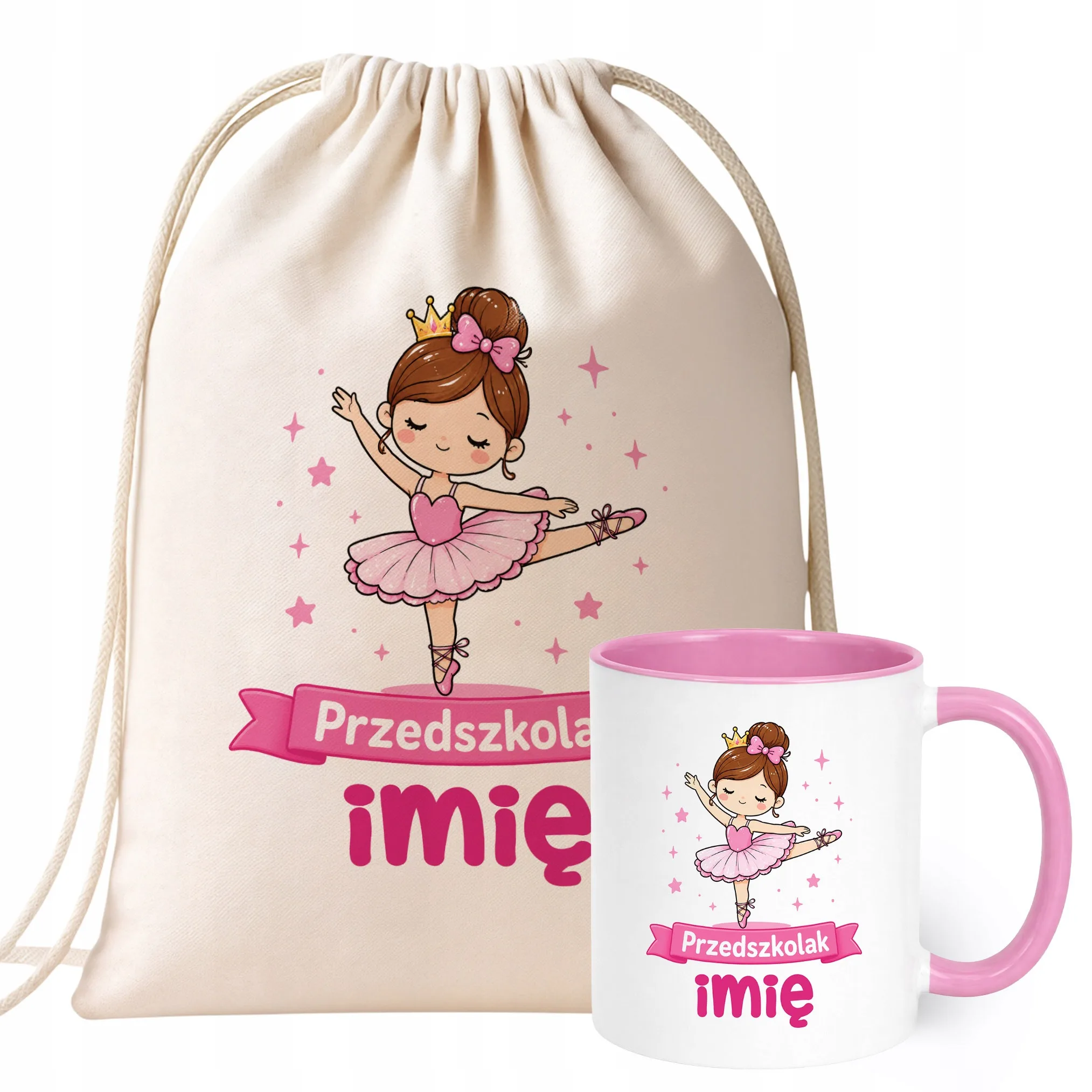 Zestaw Personalizowany Plecak Worek Kubek Różowy Przedszkolak Baletnica