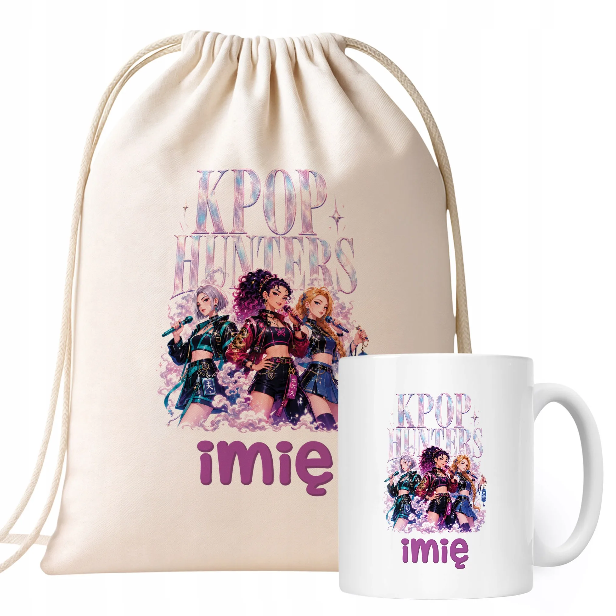Zestaw Personalizowany Plecak Worek Kubek Łowczynie Kpop Prezent