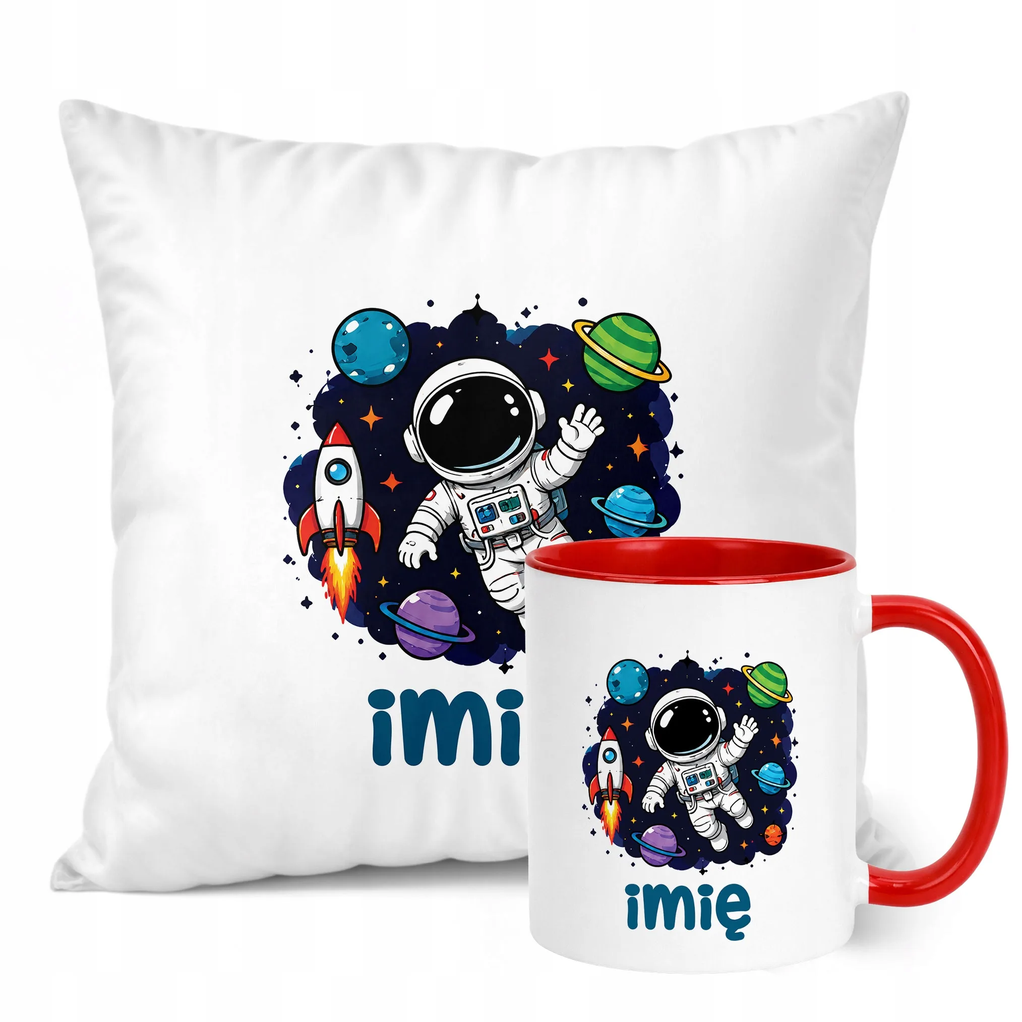 Zestaw Personalizowany Kubek Czerwony Poduszka Astronauta Prezent