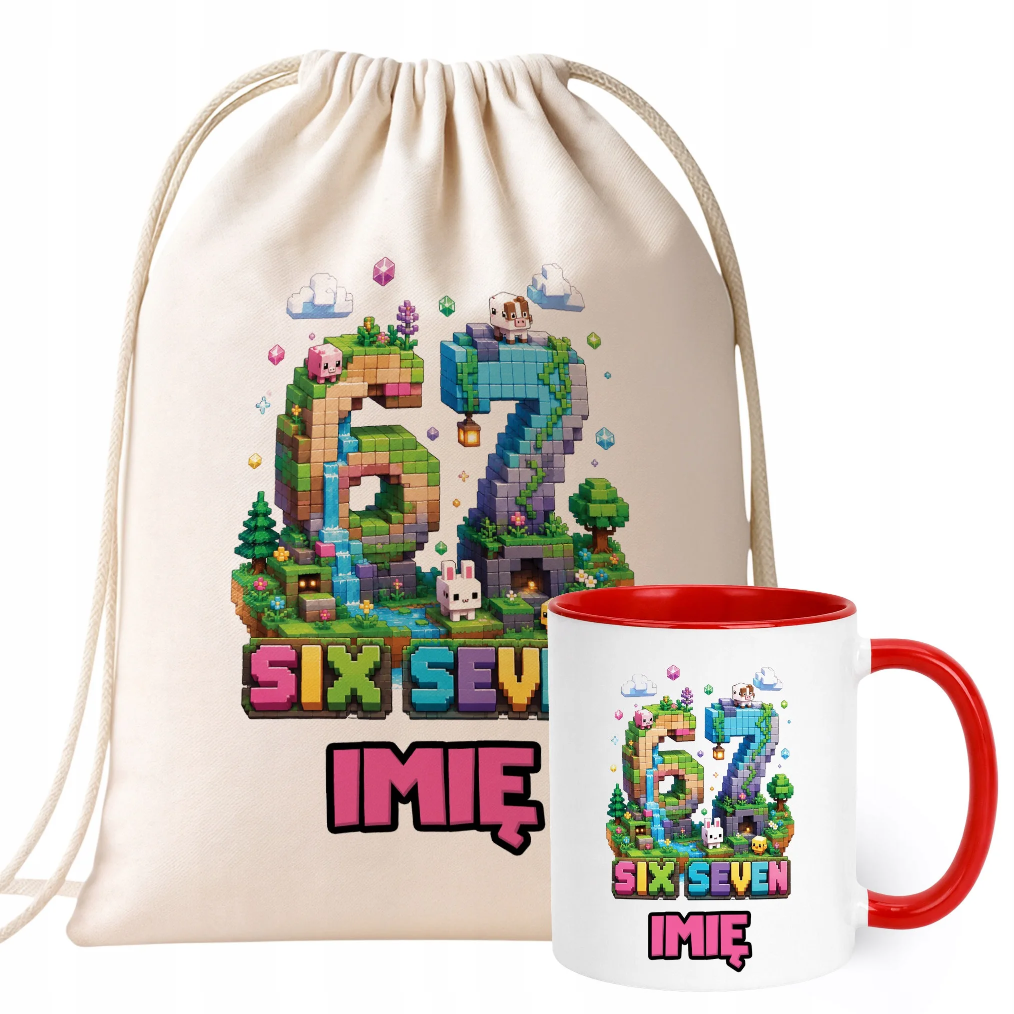 Zestaw Personalizowany Plecak Worek Kubek Czerwony 67 Six Seven Prezent