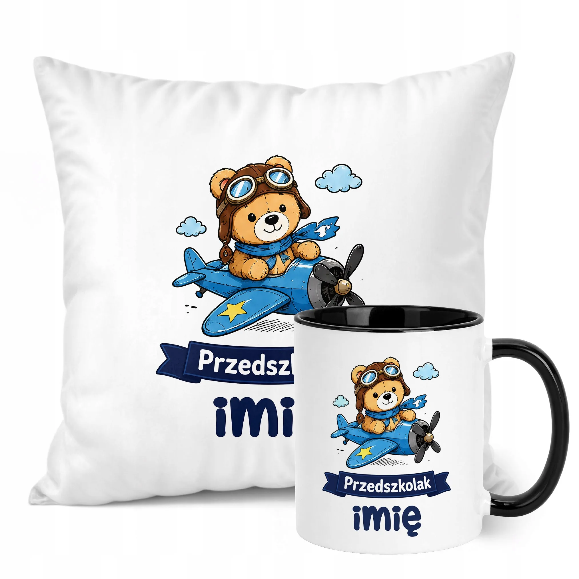 Zestaw Personalizowany Kubek Czarny Poduszka Przedszkolak Miś