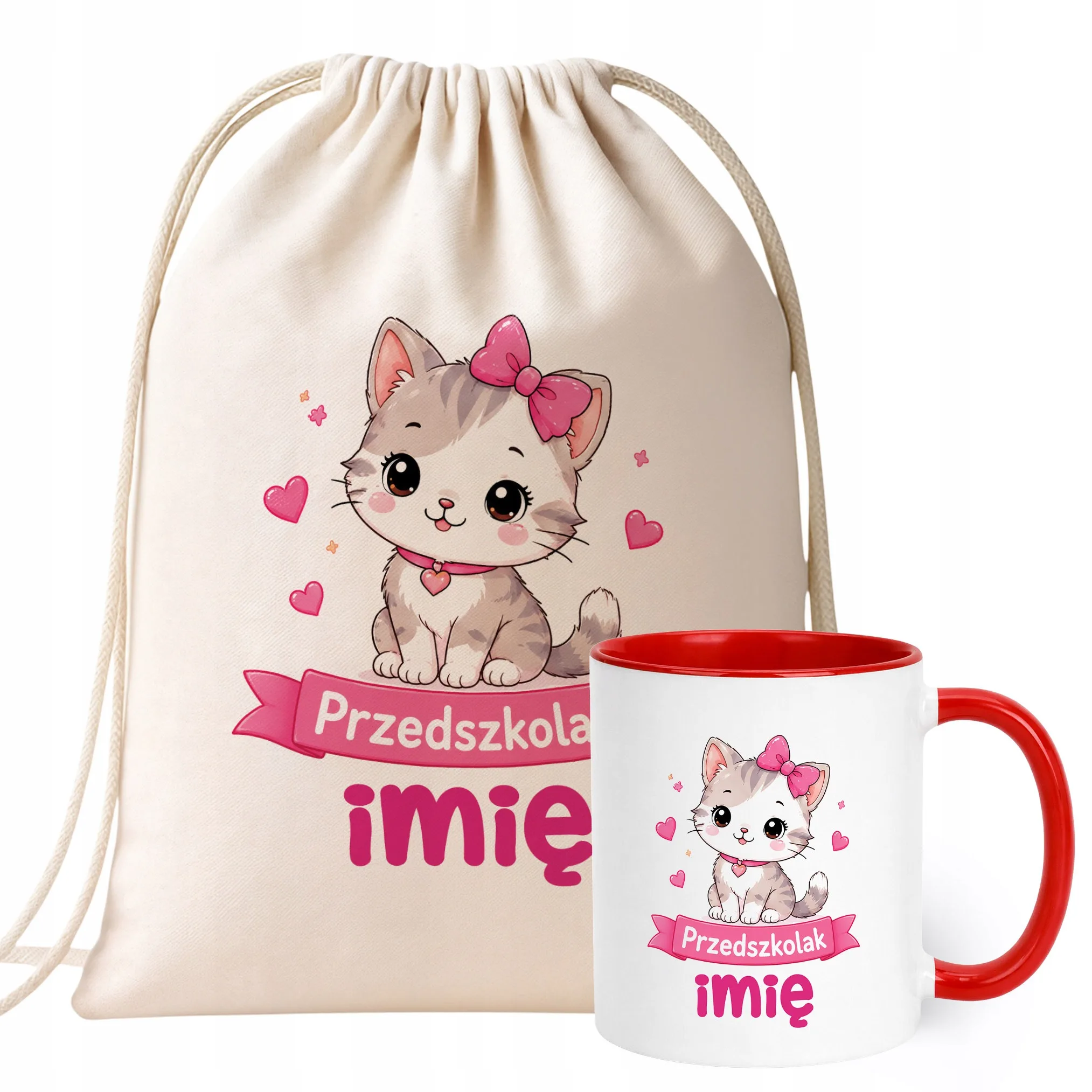 Zestaw Personalizowany Plecak Worek Kubek Czerwony Przedszkolak Kotek