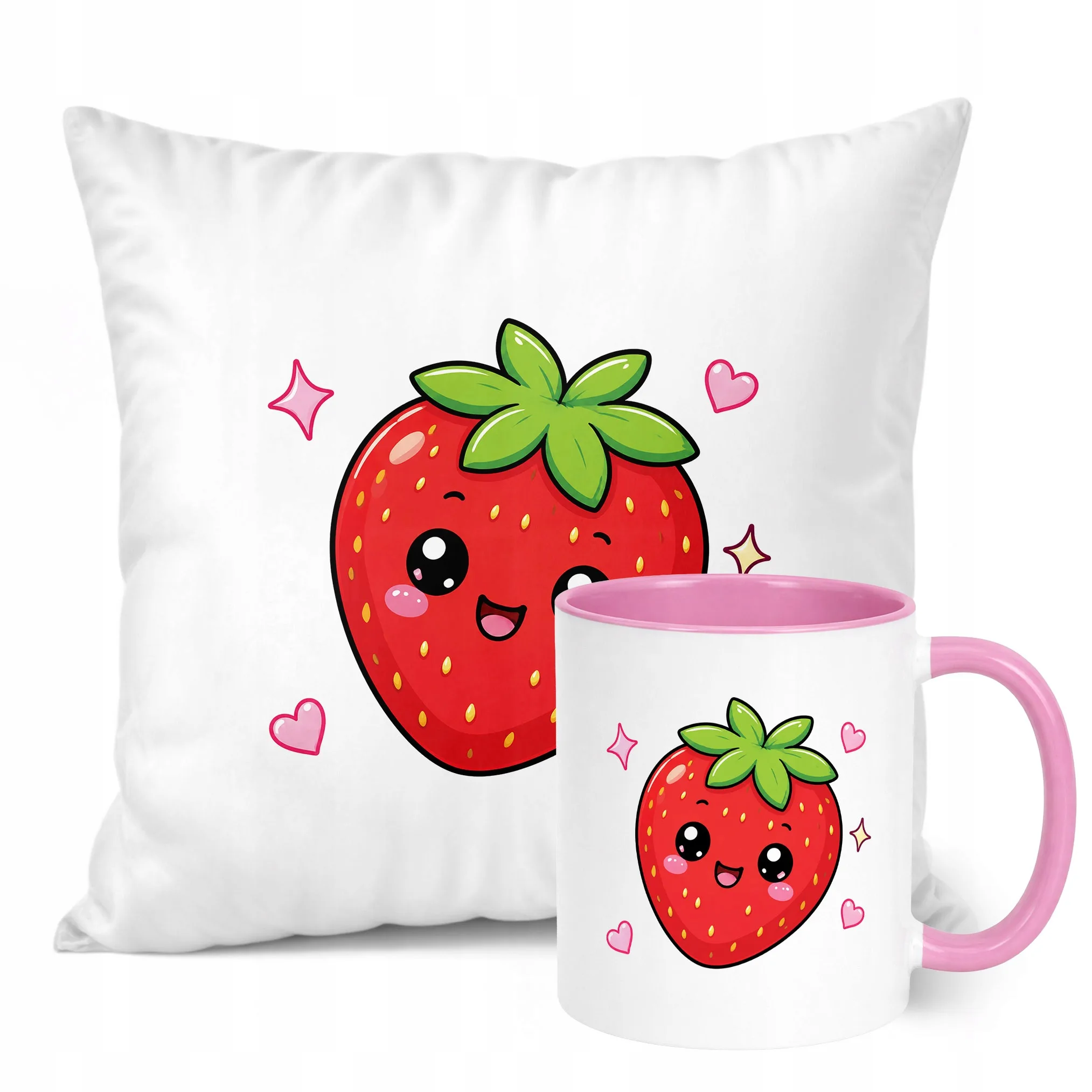 Zestaw Kubek Różowy Poduszka Z Nadrukiem Kawaii Truskawka Prezent