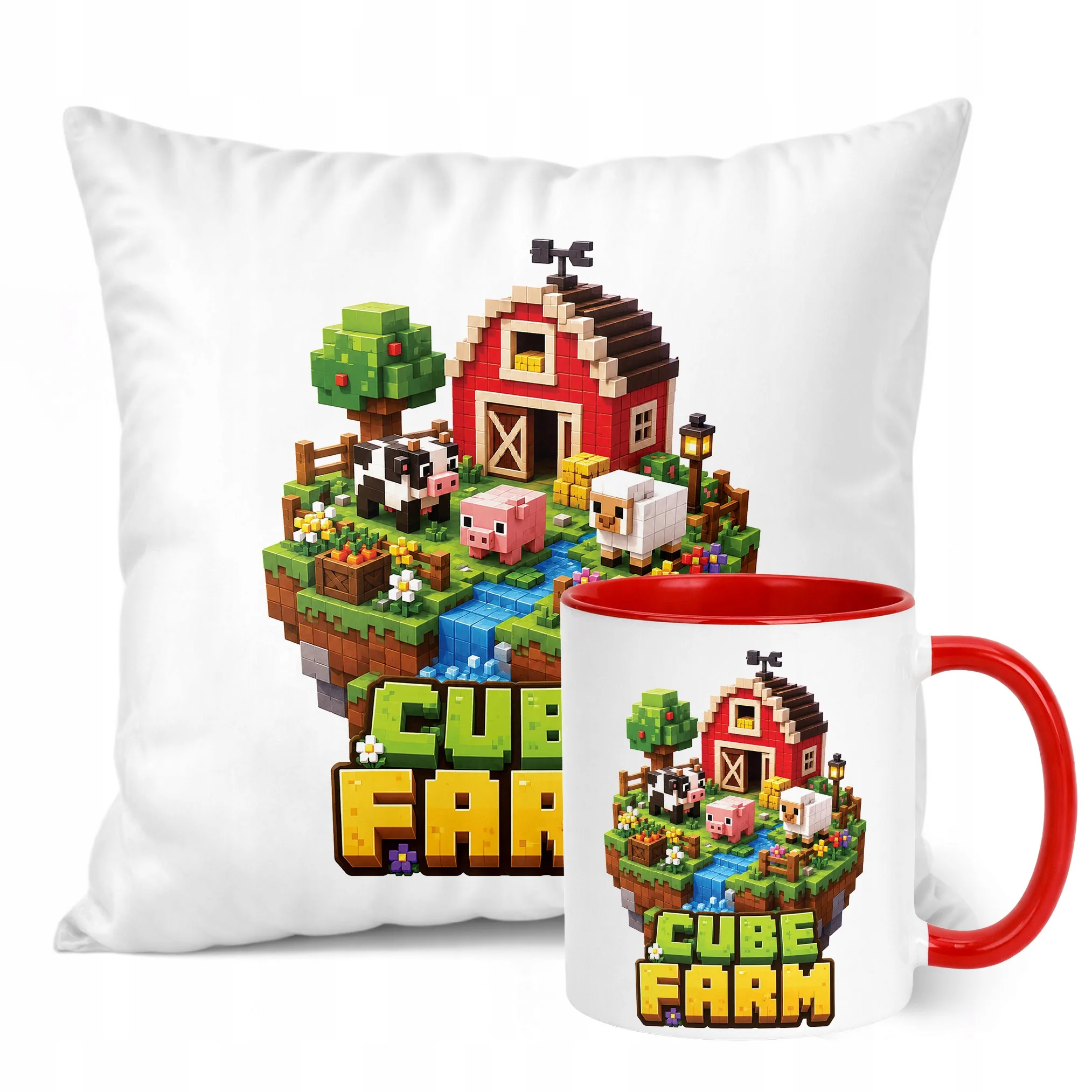 Zestaw Kubek Czerwony Poduszka Z Nadrukiem CUBE FARM Prezent