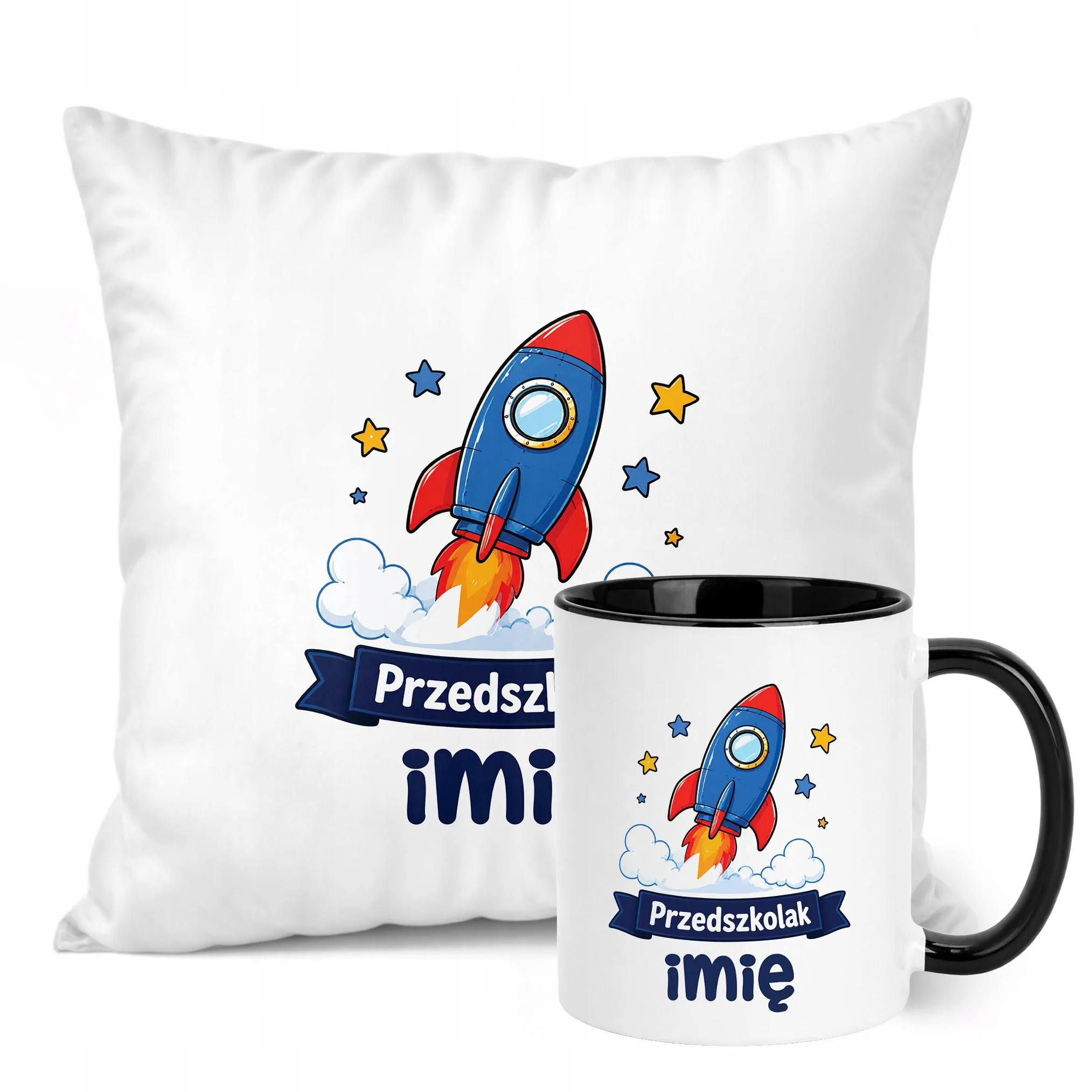 Zestaw Personalizowany Kubek Czarny Poduszka Przedszkolak Rakieta