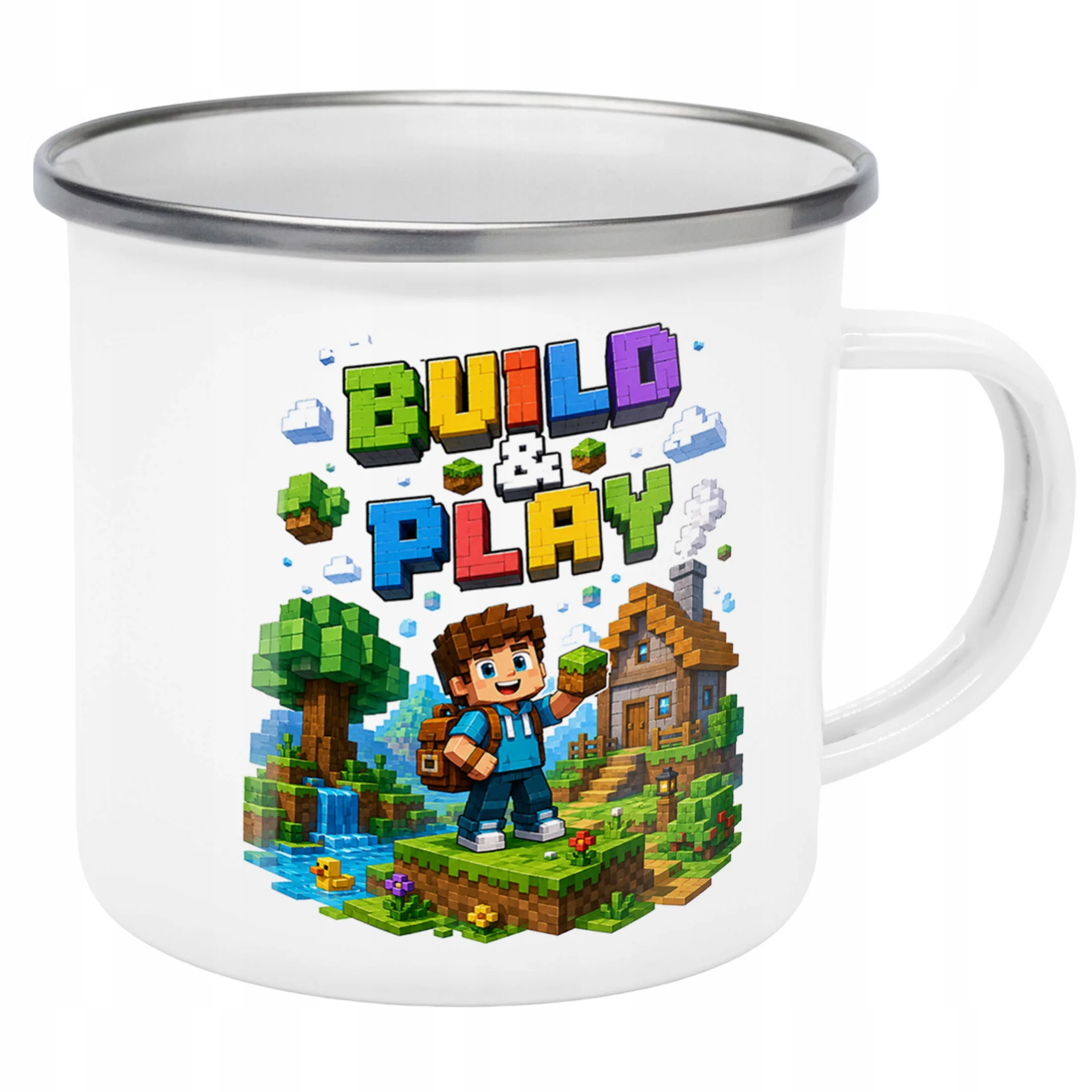 Kubek Emaliowany Gra Pixel z Nadrukiem Biały Metalowy Prezent