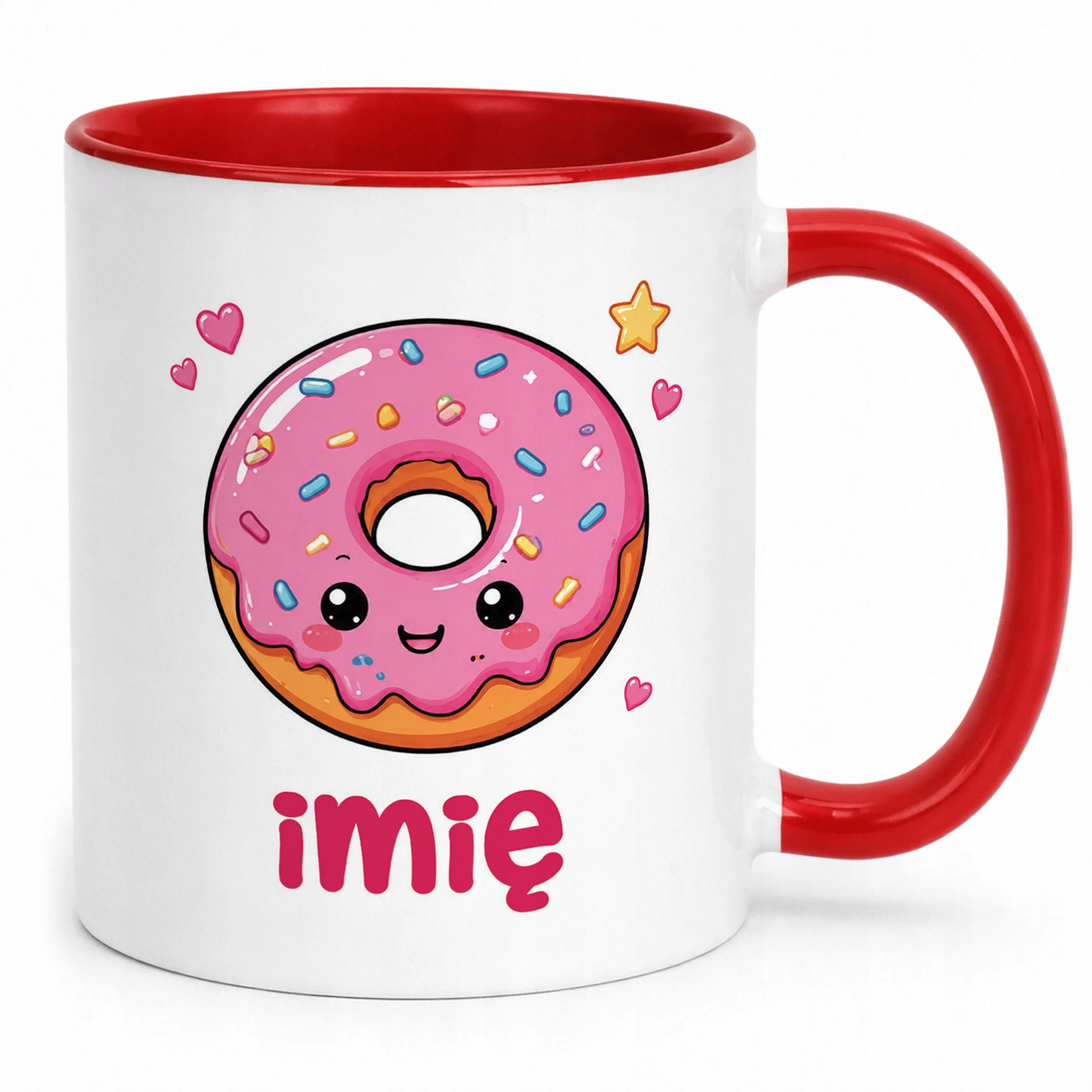 Kubek Czerwony z nadrukiem personalizowany Kawaii Pączek Dla Dzieci Prezent