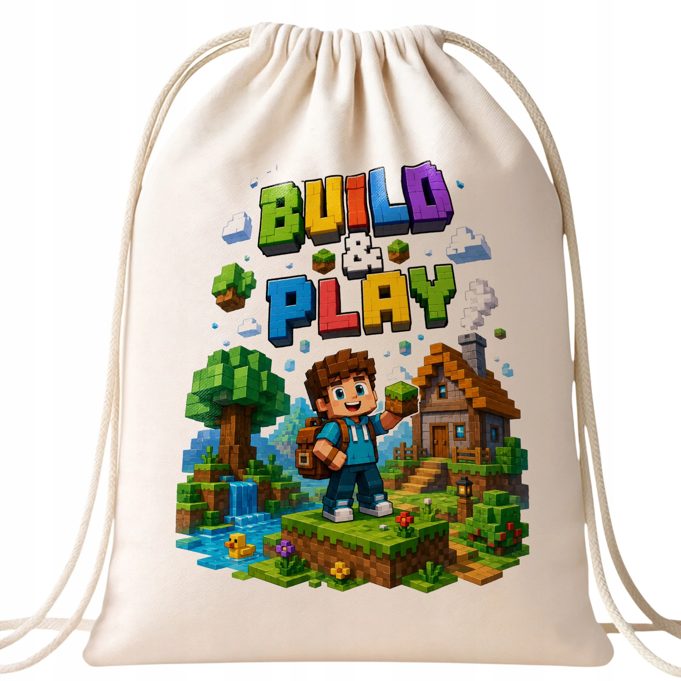 Plecak Worek Gra Pixel z Nadrukiem Bawełniany Szkolny na Buty Ecru
