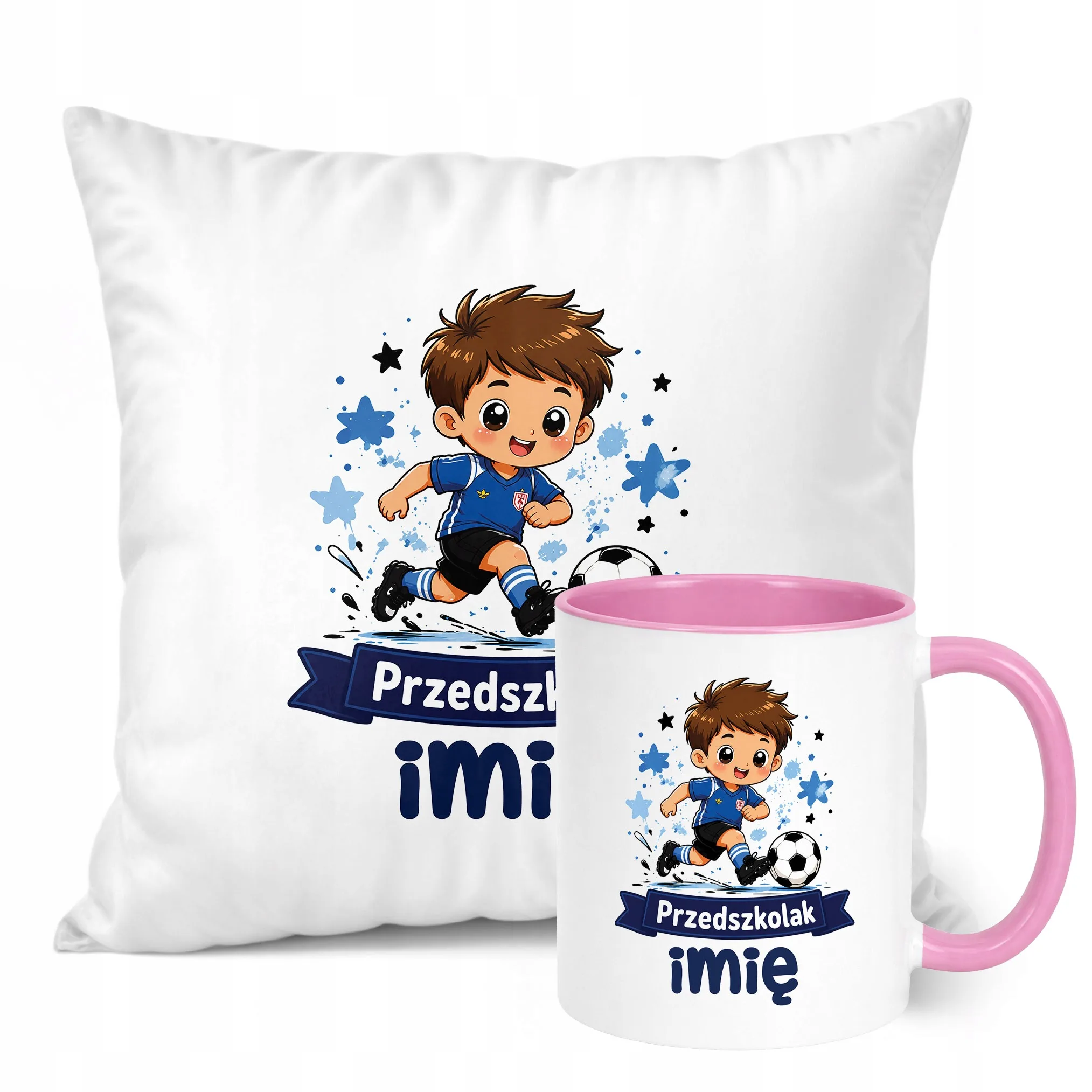 Zestaw Personalizowany Kubek Różowy Poduszka Przedszkolak Piłka