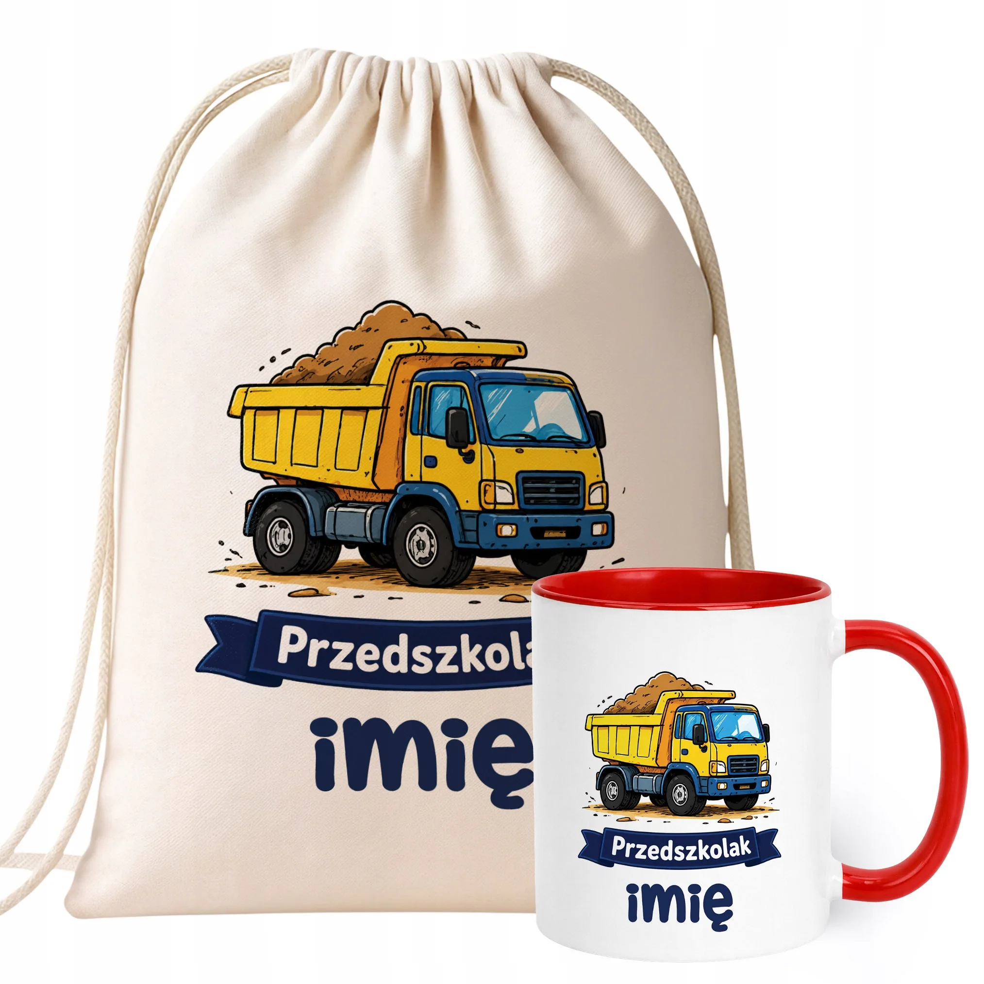 Zestaw Personalizowany Plecak Worek Kubek Czerwony Przedszkolak Ciężarówka