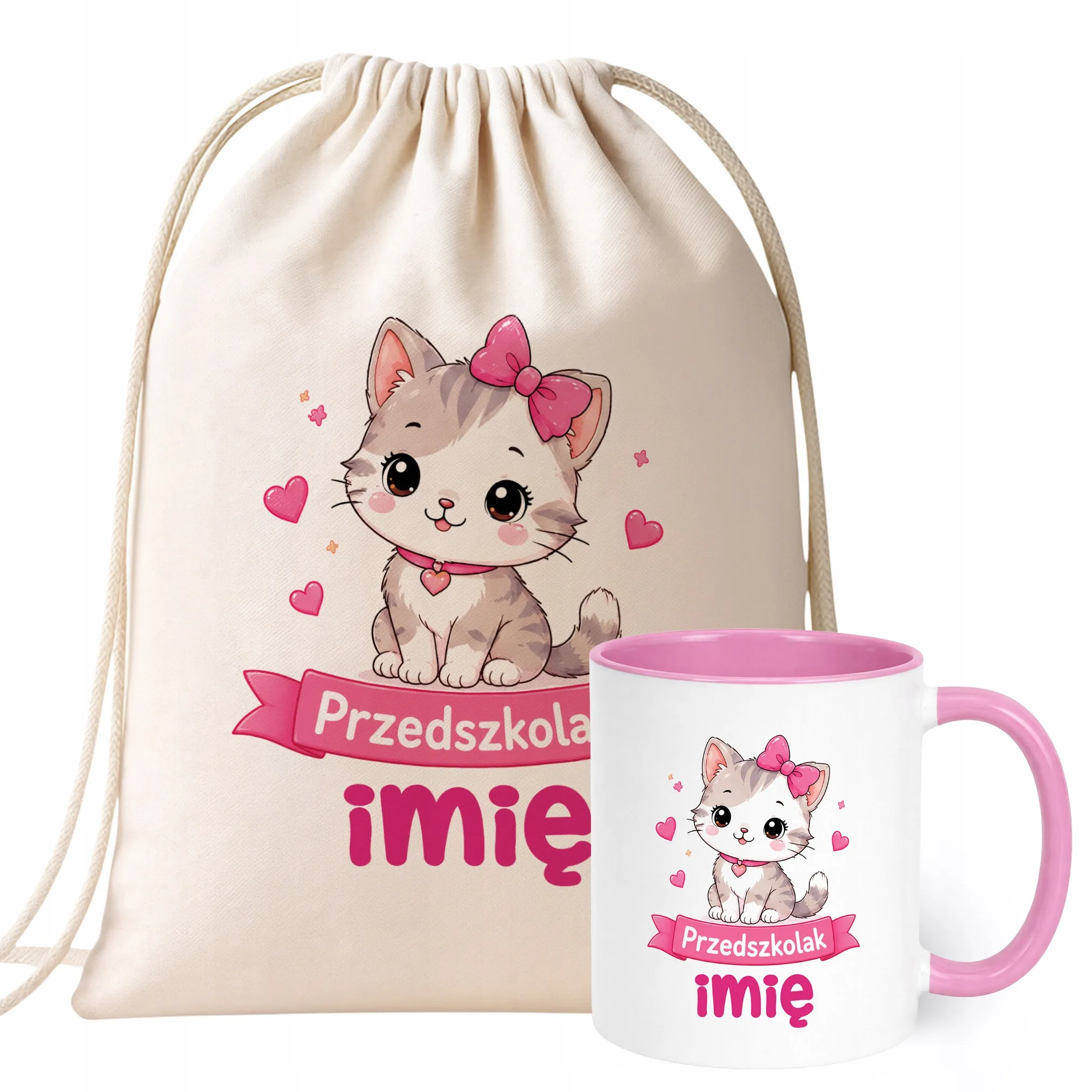 Zestaw Personalizowany Plecak Worek Kubek Różowy Przedszkolak Kotek