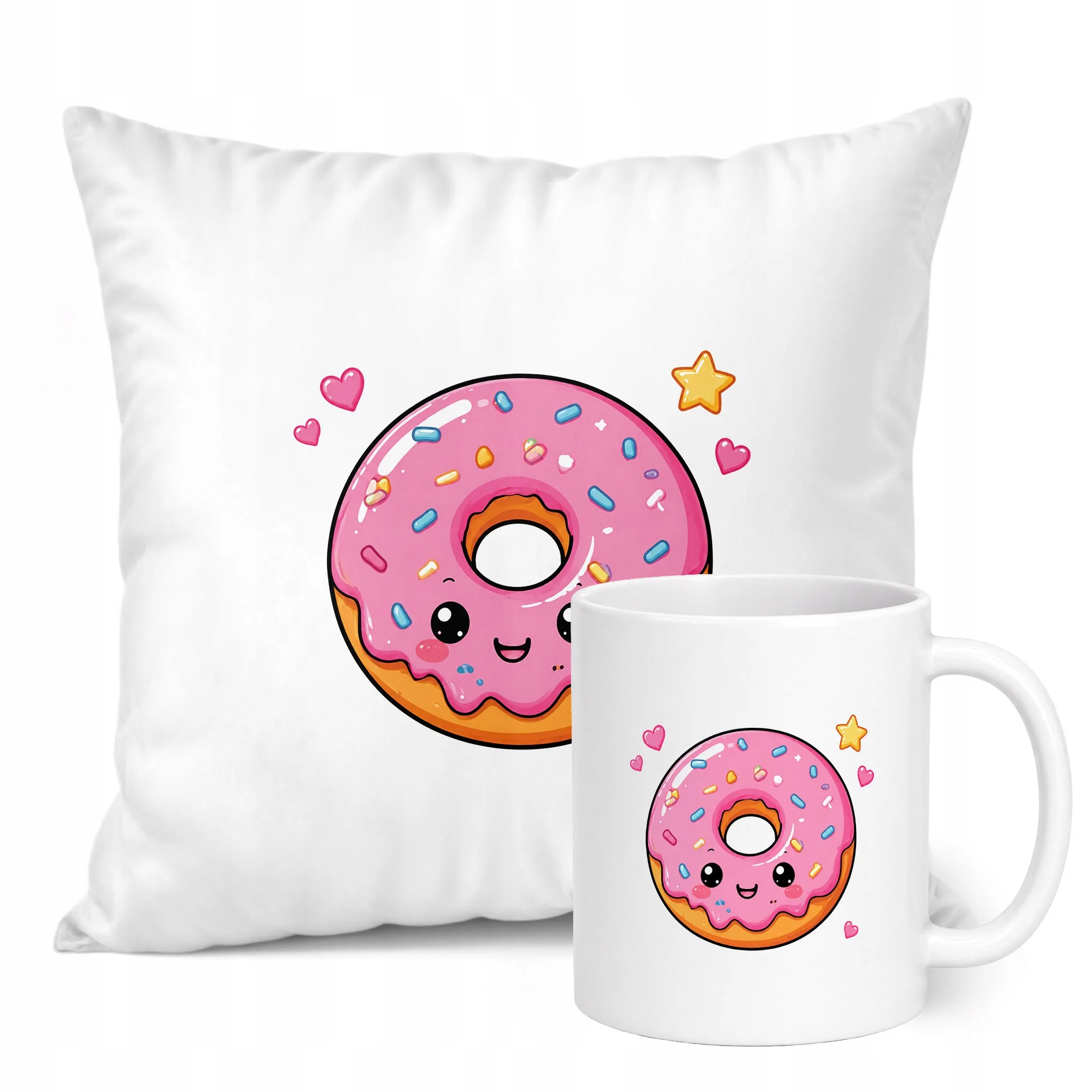 Zestaw Kubek Biały Poduszka Z Nadrukiem Kawaii Pączek Prezent
