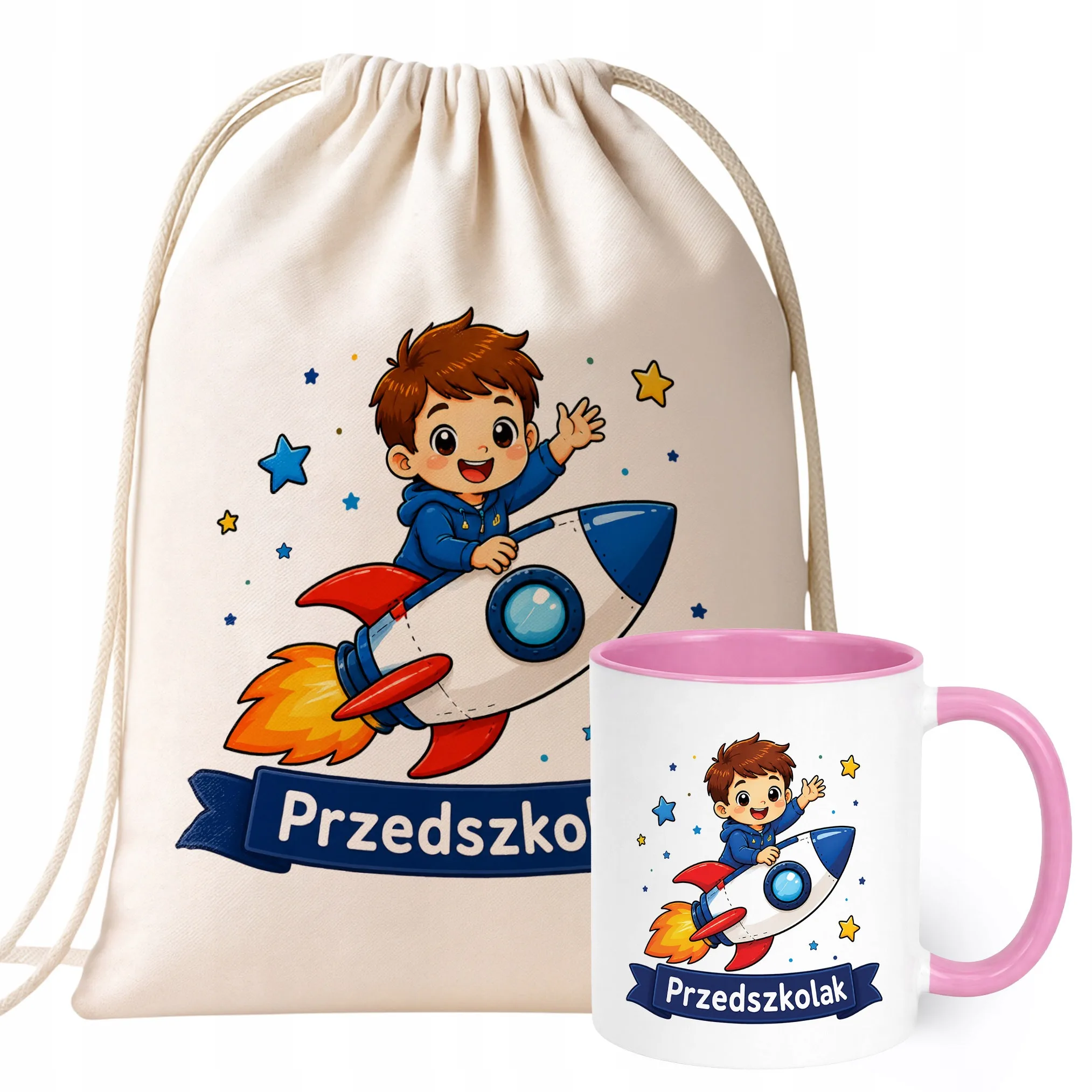 Zestaw Plecak Worek Kubek Różowy Z Nadrukiem Przedszkolak Dla Dzieci