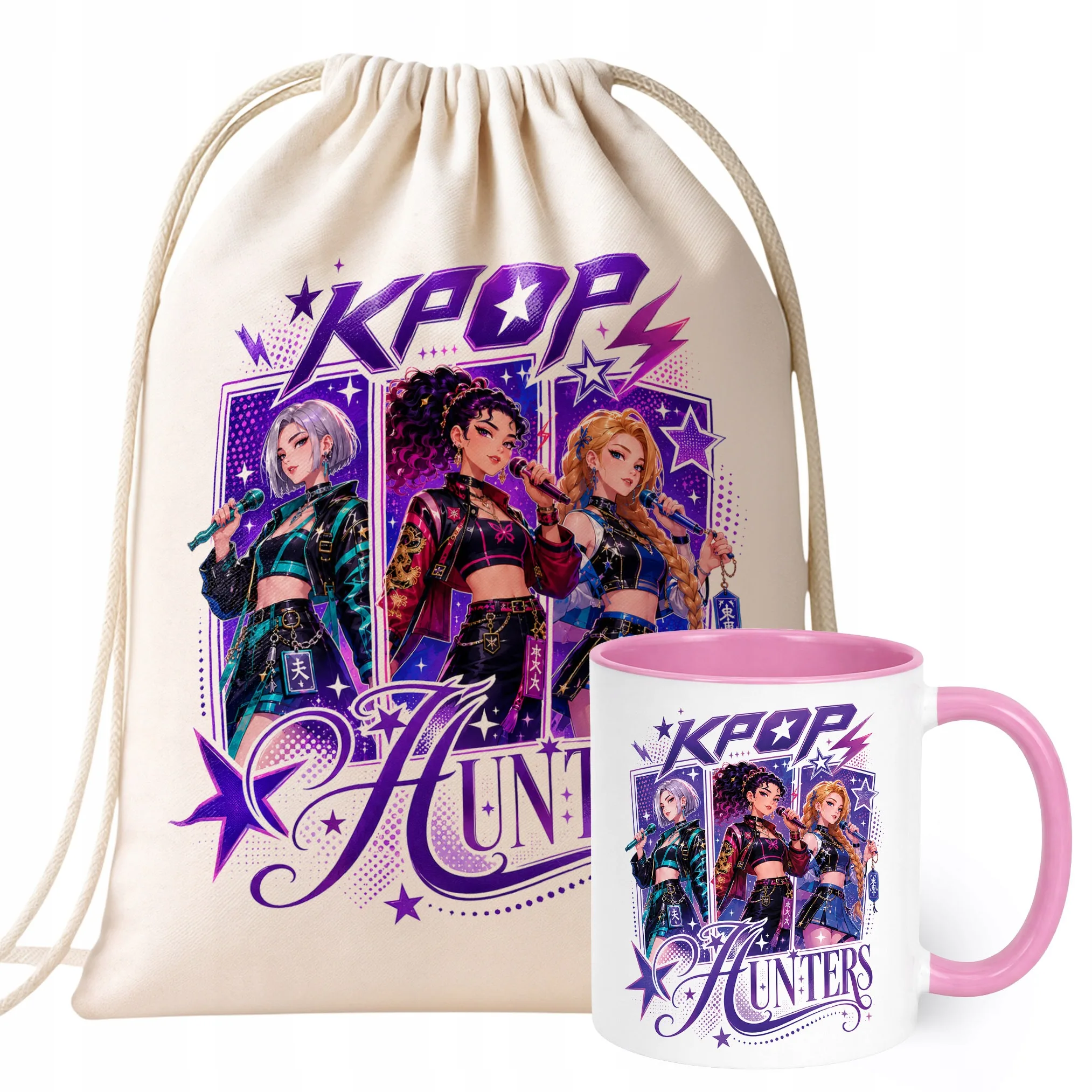 Zestaw Plecak Worek Kubek Różowy Z Nadrukiem ŁOWCZYNIE KPOP Dla Dzieci
