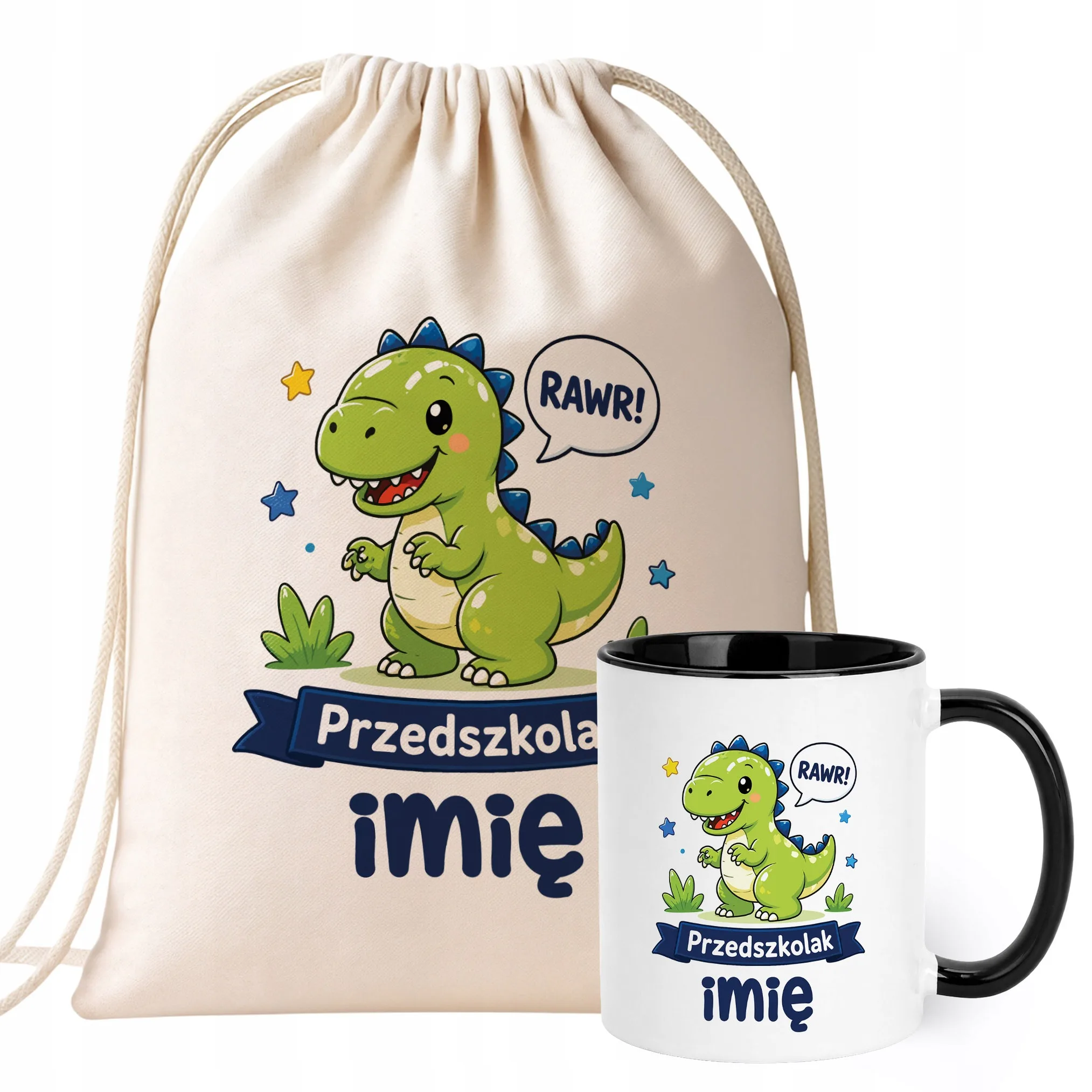 Zestaw Personalizowany Plecak Worek Kubek Czarny Przedszkolak Dinozaur