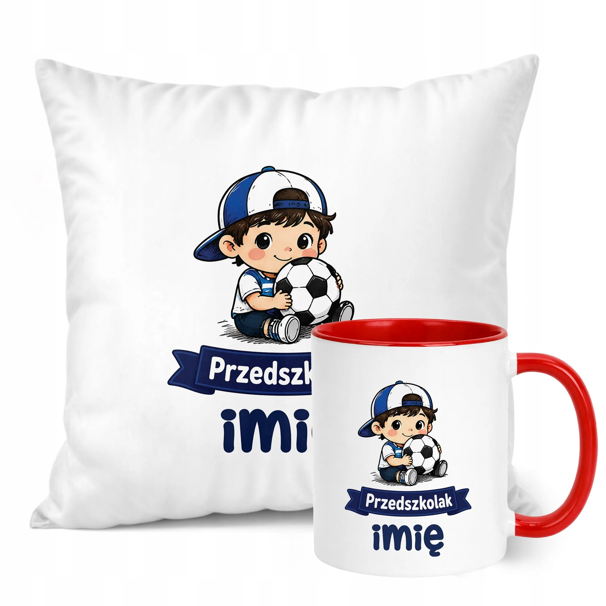 Zestaw Personalizowany Kubek Czerwony Poduszka Przedszkolak Piłka