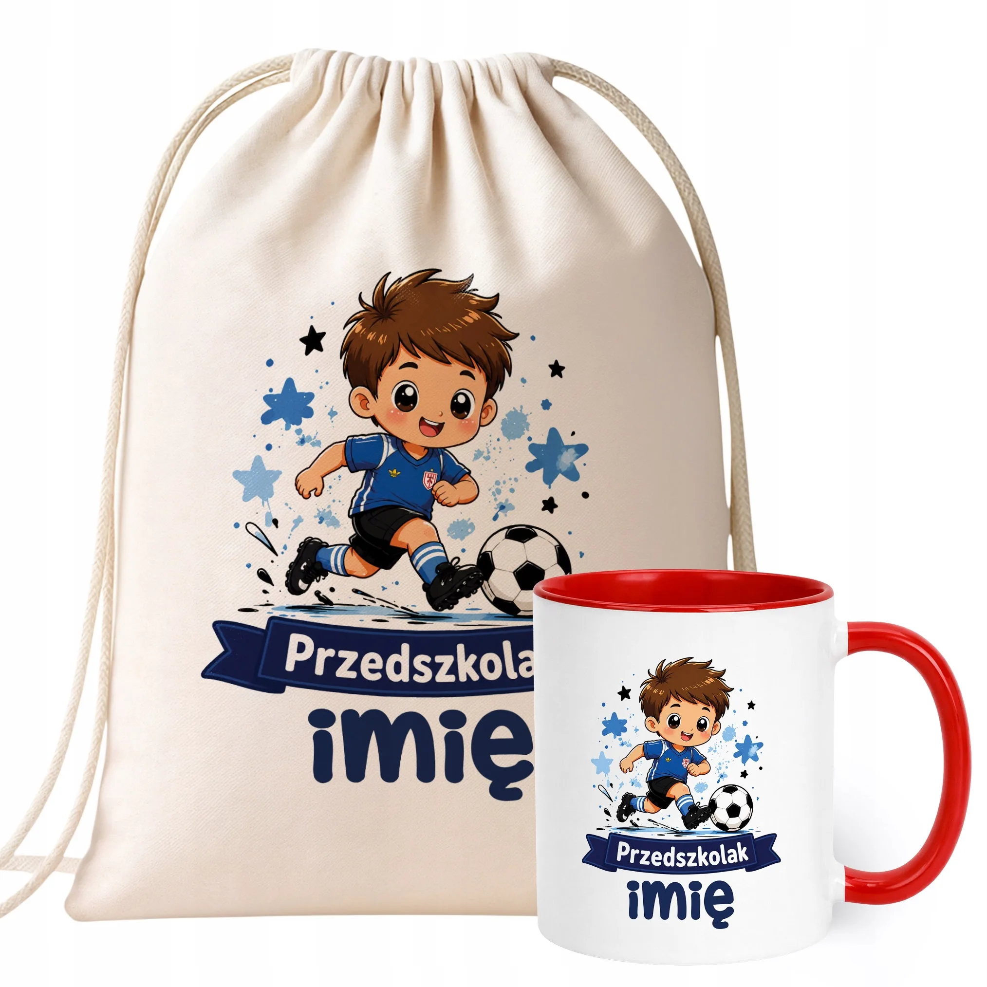 Zestaw Personalizowany Plecak Worek Kubek Czerwony Przedszkolak Piłka