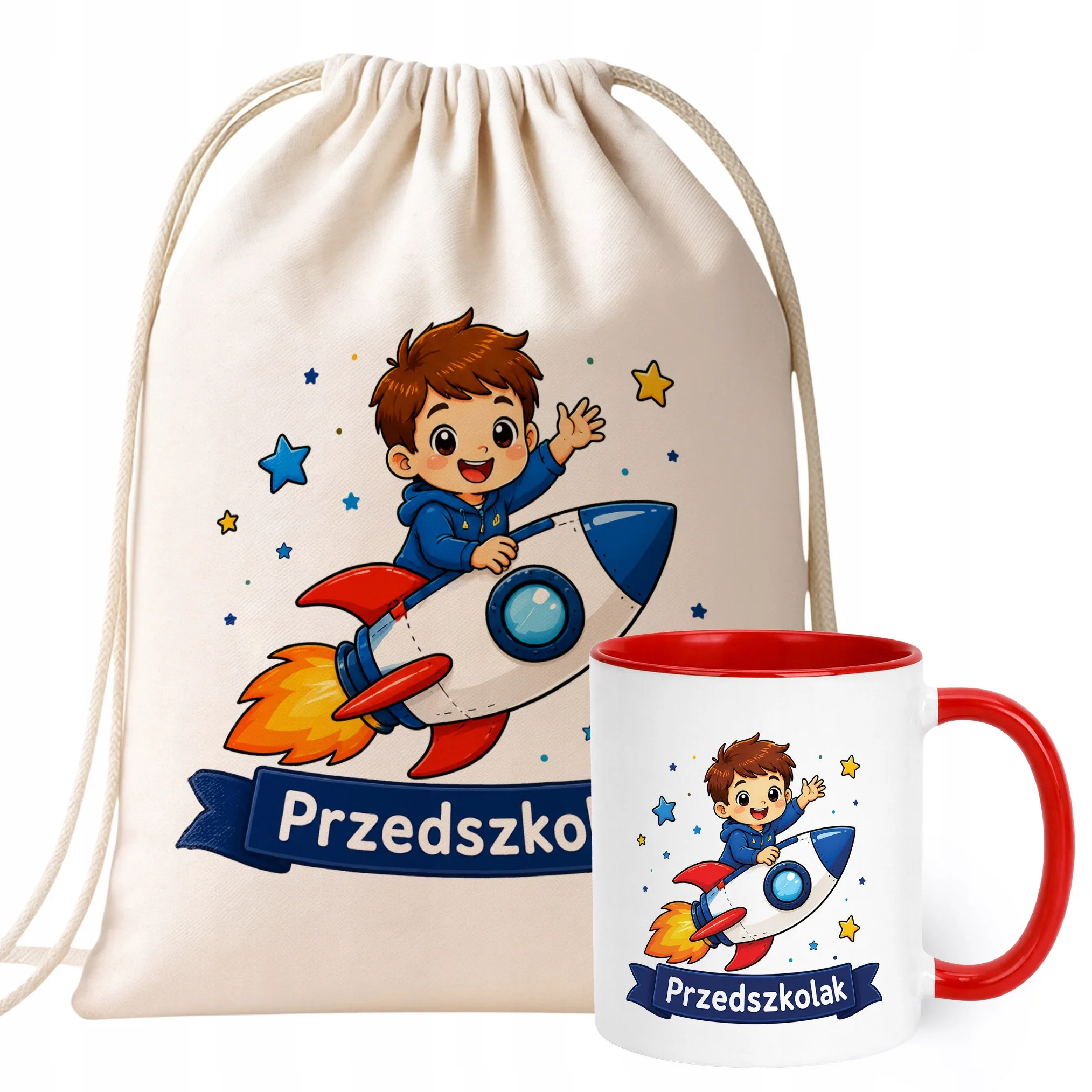 Zestaw Plecak Worek Kubek Czerwony Z Nadrukiem Przedszkolak Dla Dzieci