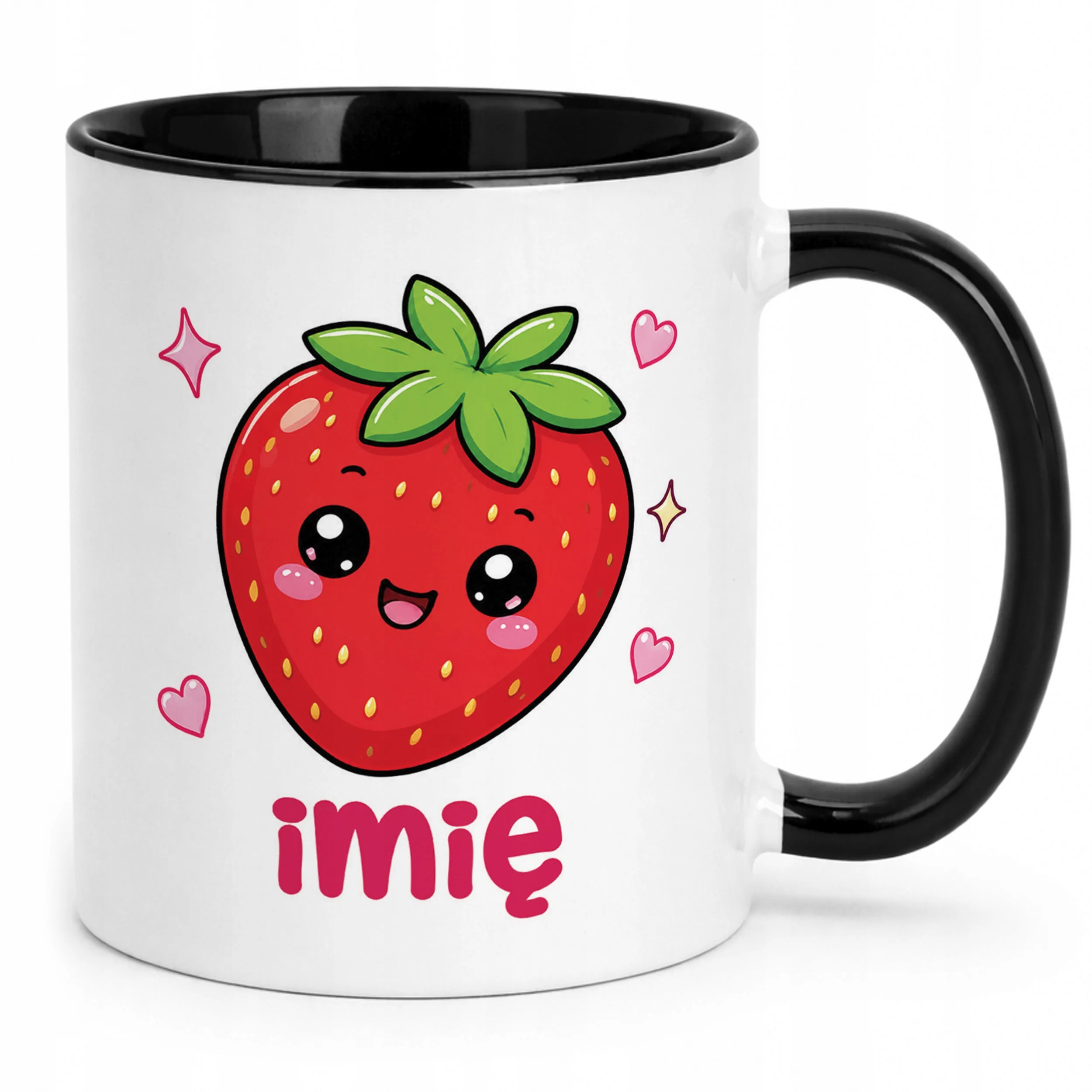 Kubek Czarny z nadrukiem personalizowany Kawaii Truskawka Dla Dzieci
