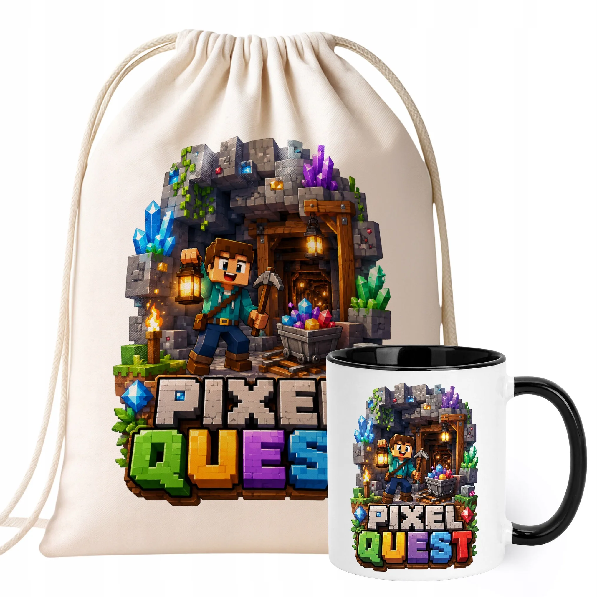 Zestaw Plecak Worek Kubek Czarny Z Nadrukiem PIXEL Gra Dla Dzieci