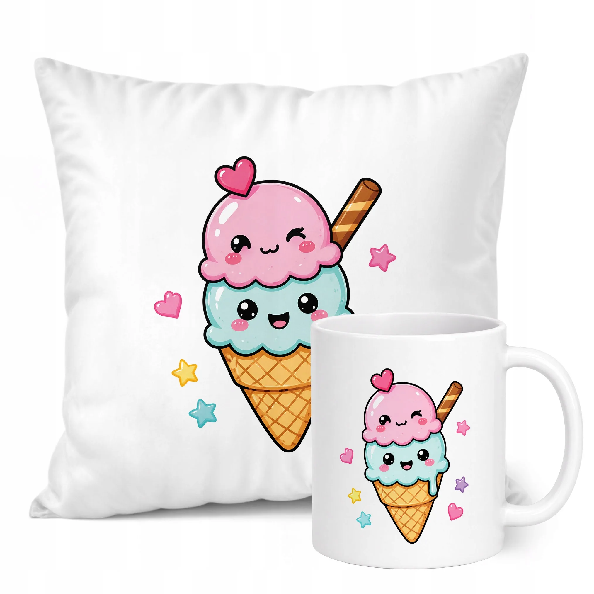 Zestaw Kubek Biały Poduszka Z Nadrukiem Kawaii Lody Prezent