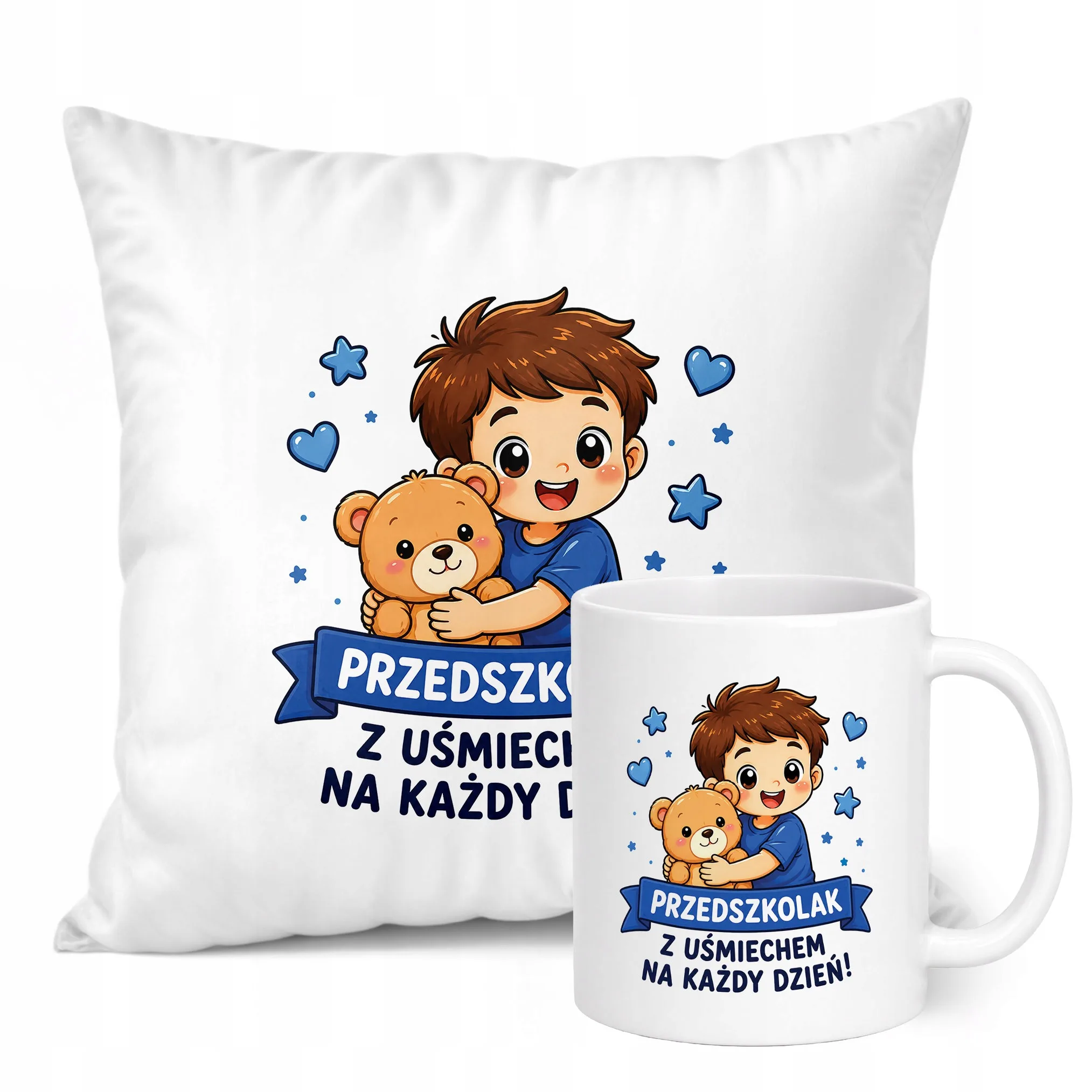 Zestaw Kubek Biały Poduszka Z Nadrukiem Przedszkolak Szkoła Prezent