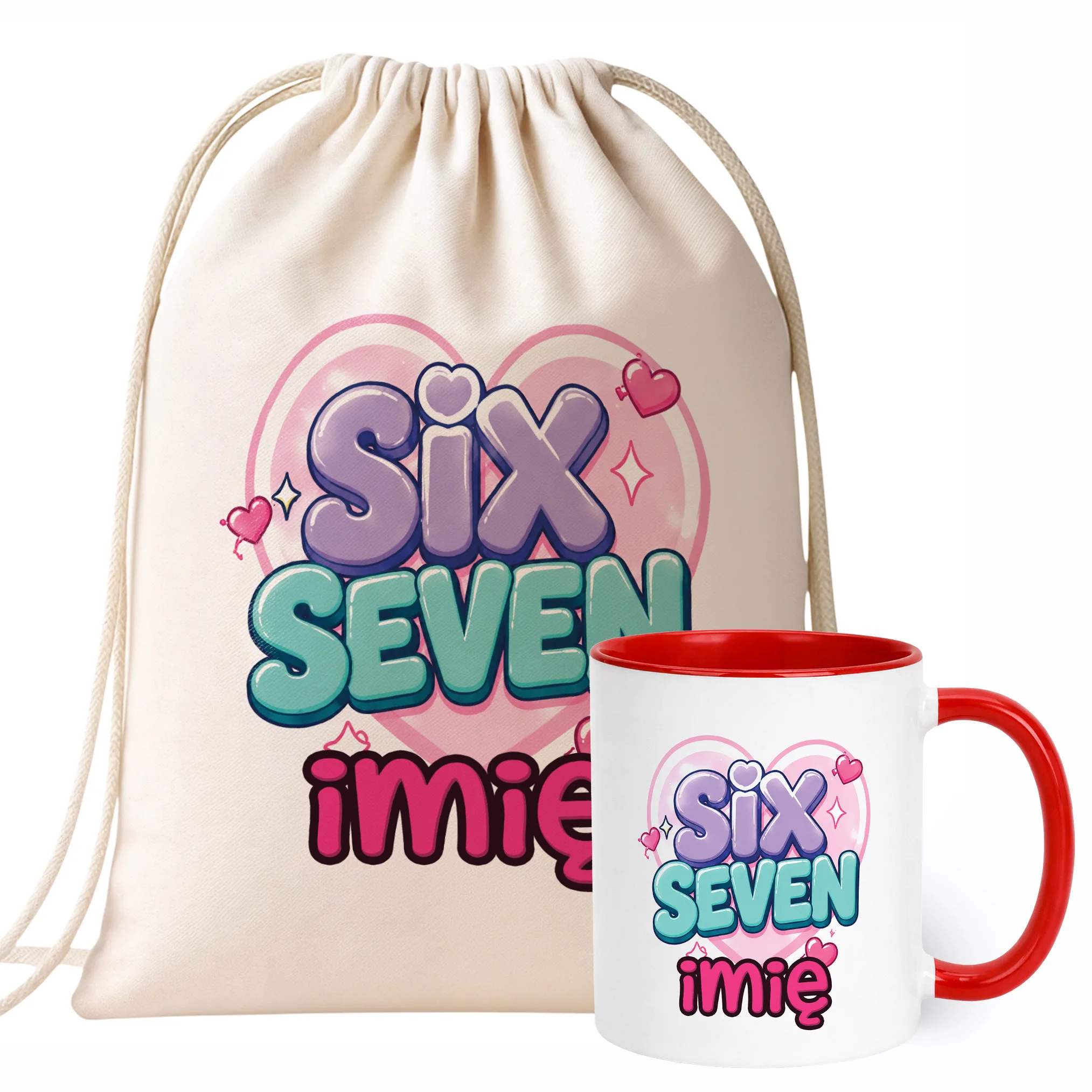 Zestaw Personalizowany Plecak Worek Kubek Czerwony 67 Six Seven Prezent