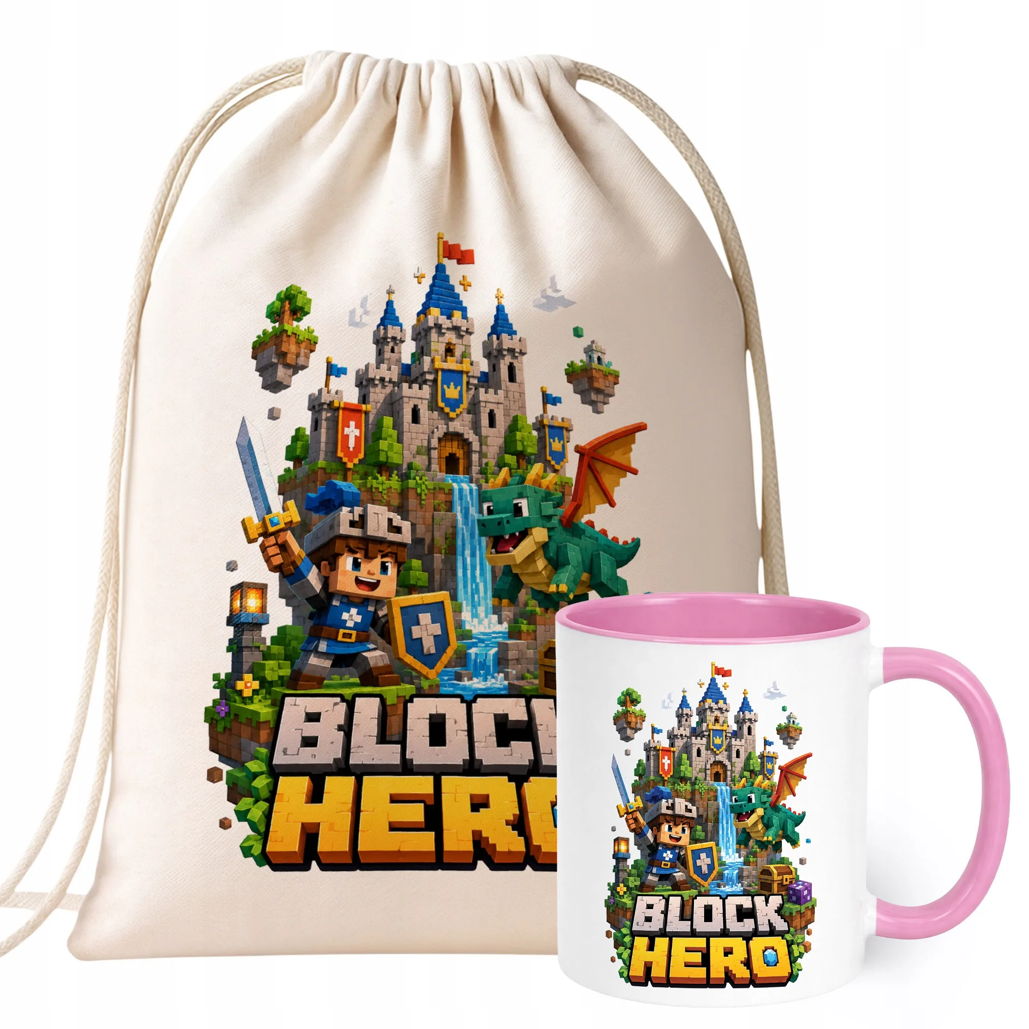 Zestaw Plecak Worek Kubek Różowy Z Nadrukiem BLOCK HERO Gra Dla Dzieci