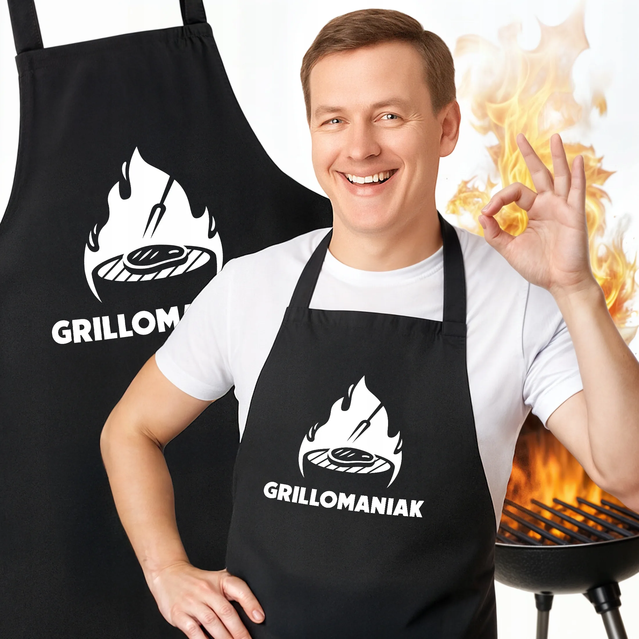 Bawełniany Czarny Fartuch Kuchenny Grillomaniak Fartuszek Z Nadrukiem