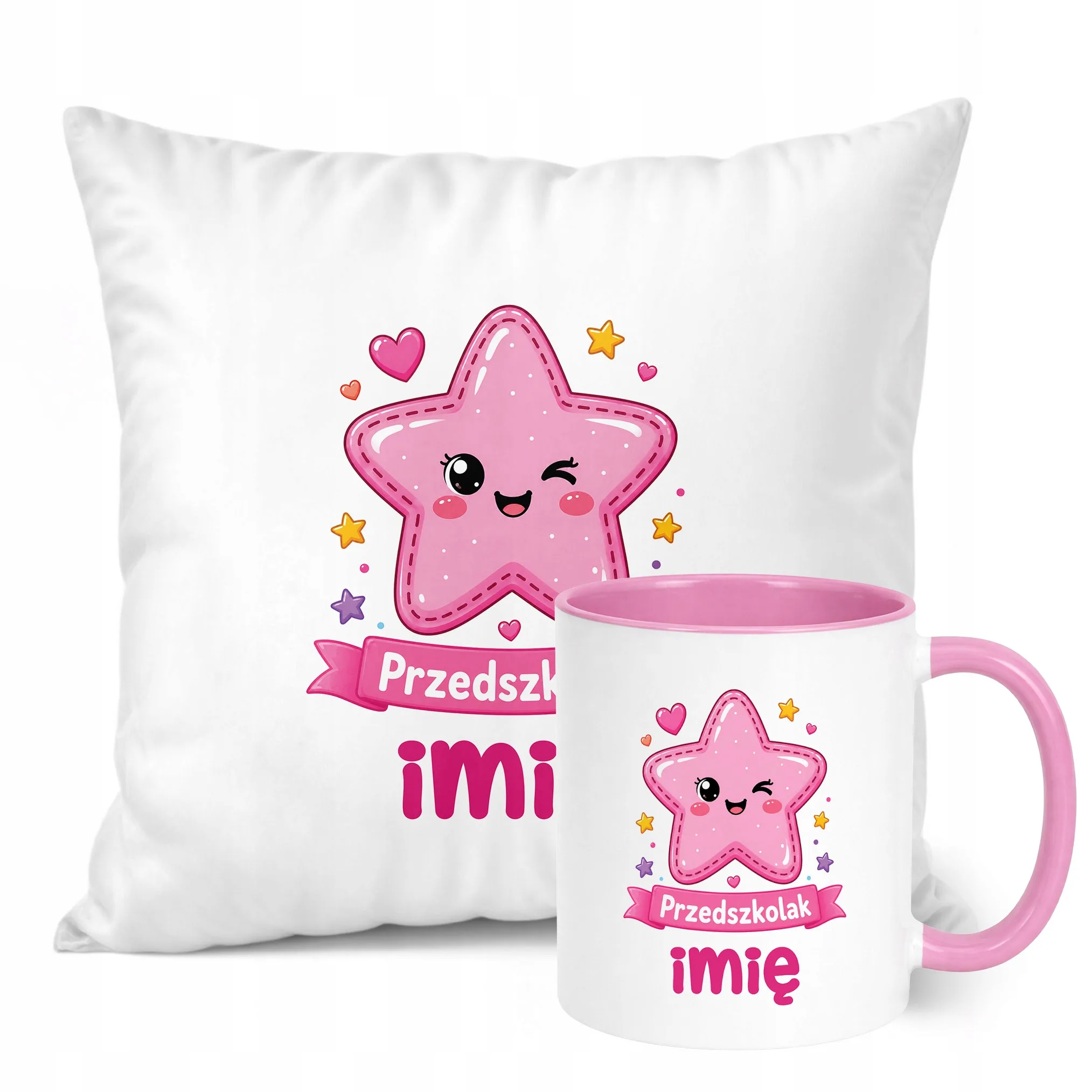 Zestaw Personalizowany Kubek Różowy Poduszka Przedszkolak Gwiazdka