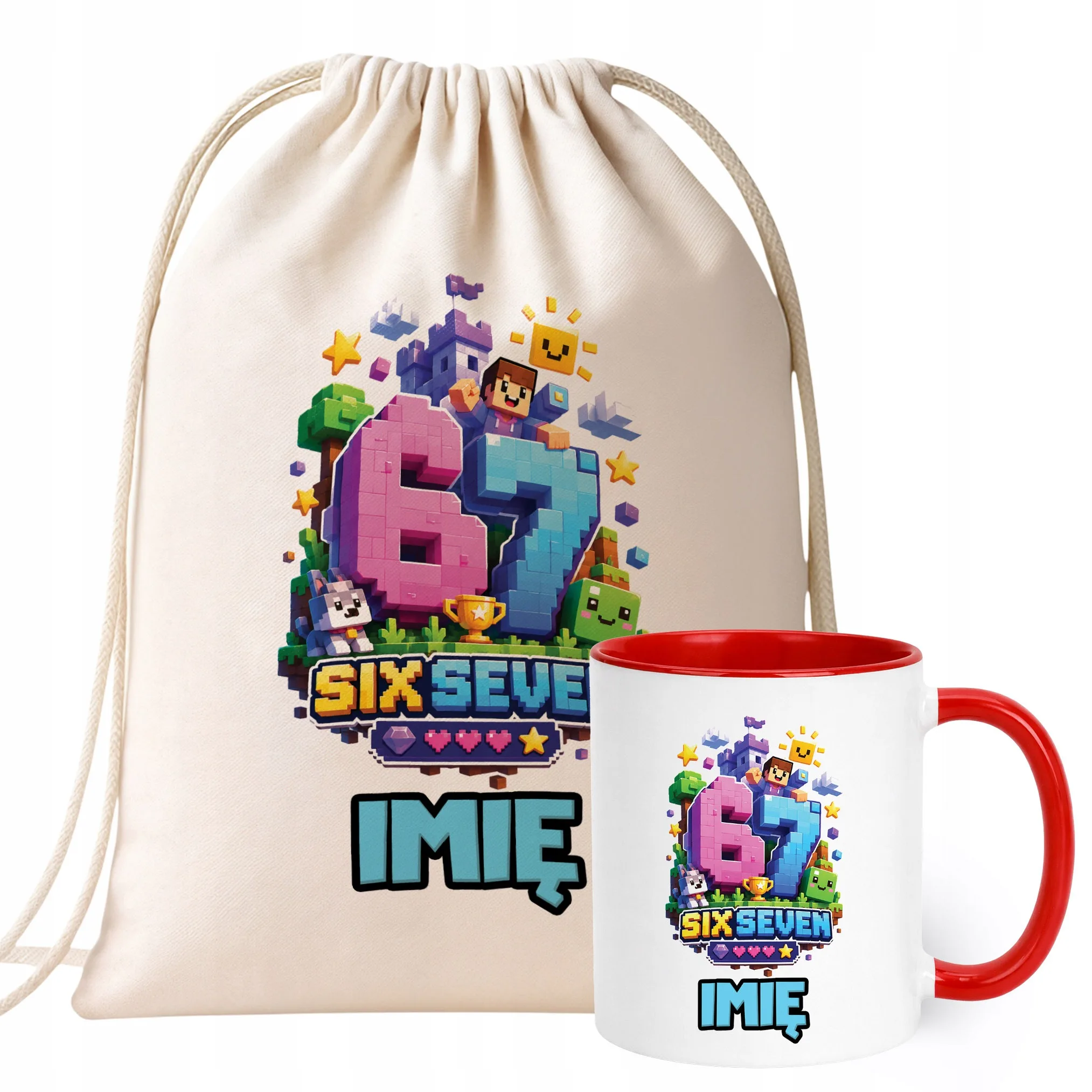 Zestaw Personalizowany Plecak Worek Kubek Czerwony 67 Six Seven Prezent