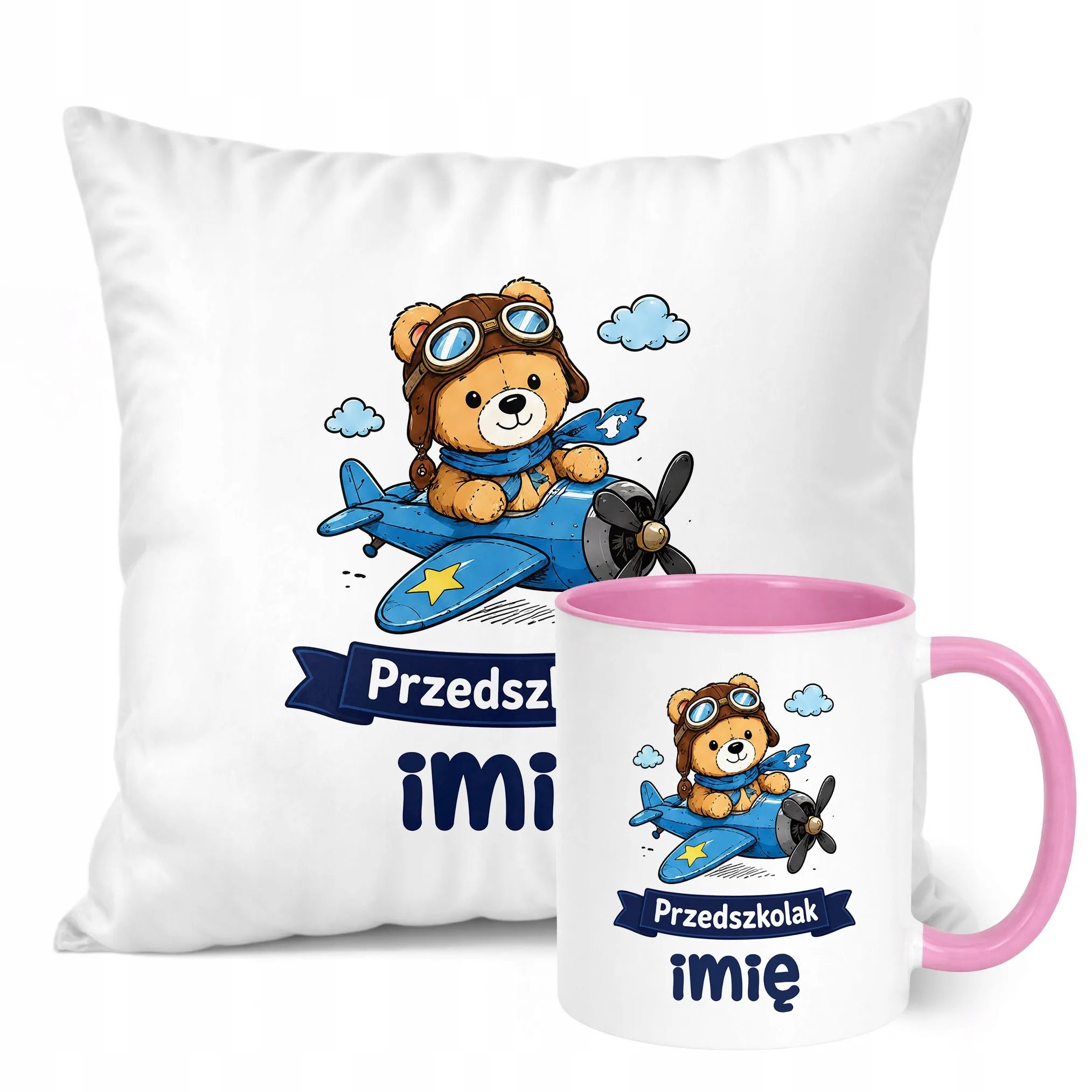 Zestaw Personalizowany Kubek Różowy Poduszka Przedszkolak Miś