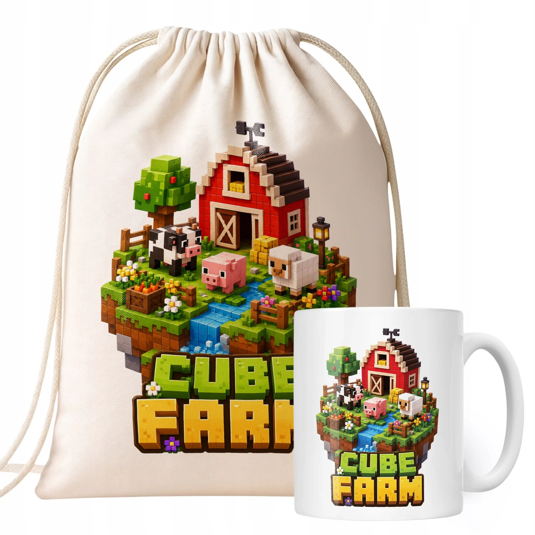 Zestaw Plecak Worek Kubek Z Nadrukiem CUBE FARM Dla Dzieci Prezent