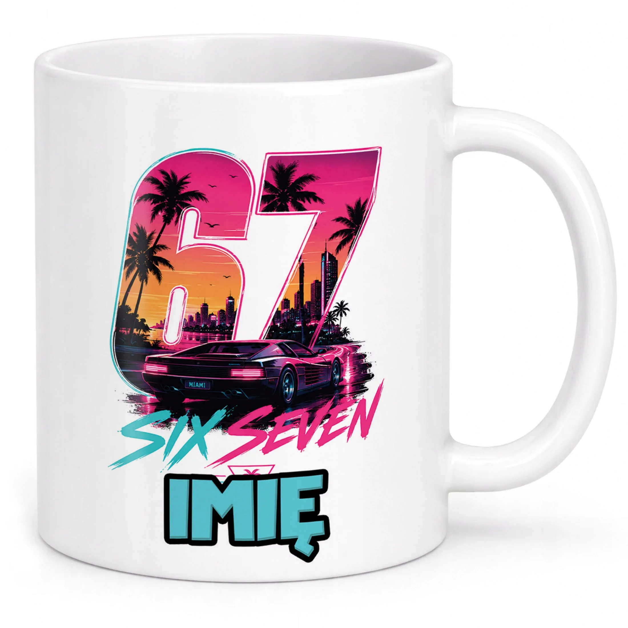 Biały Kubek z nadrukiem personalizowany 67 Miami Gra Dla Dzieci Prezent