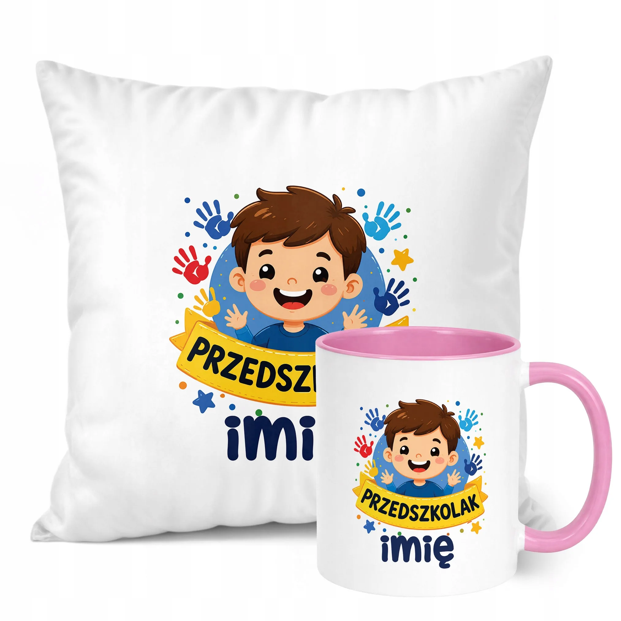 Zestaw Personalizowany Kubek Różowy Poduszka Przedszkolak Prezent