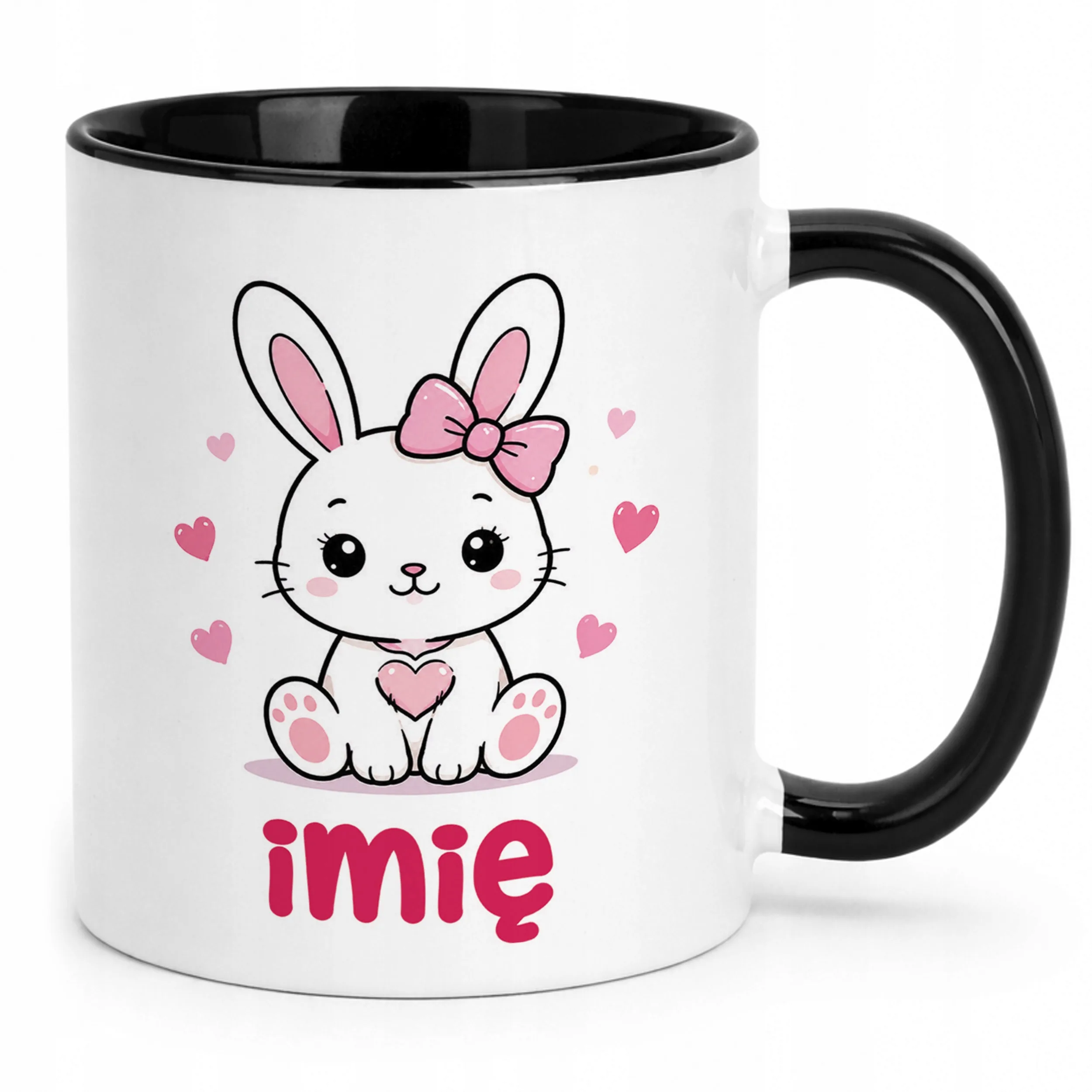 Kubek Czarny z nadrukiem personalizowany Uroczy Króliczek Dla Dzieci