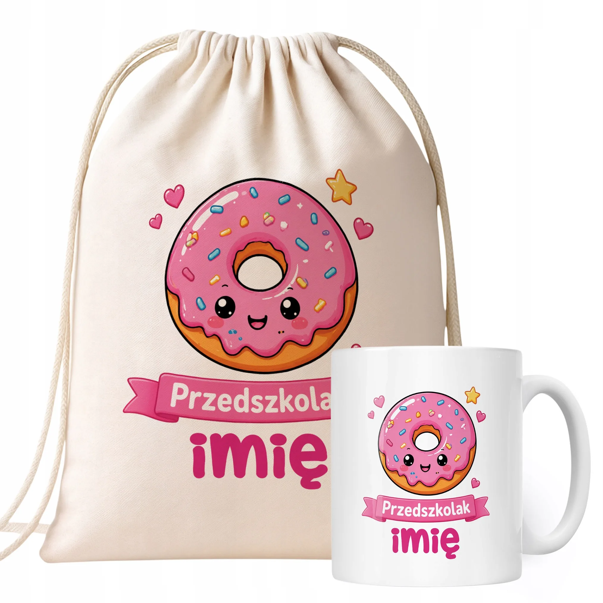Zestaw Personalizowany Plecak Worek Kubek Przedszkolak Pączek Prezent