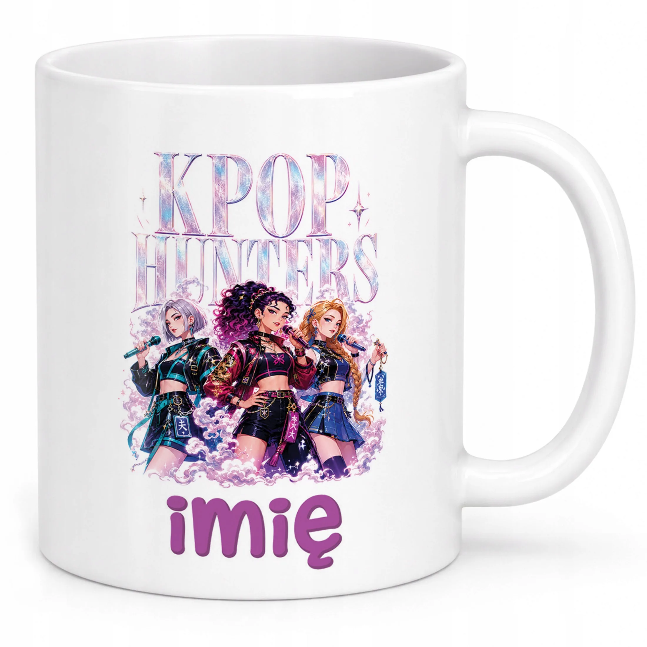 Biały Kubek z nadrukiem personalizowany ŁOWCZYNIE KPOP Dla Dzieci Prezent