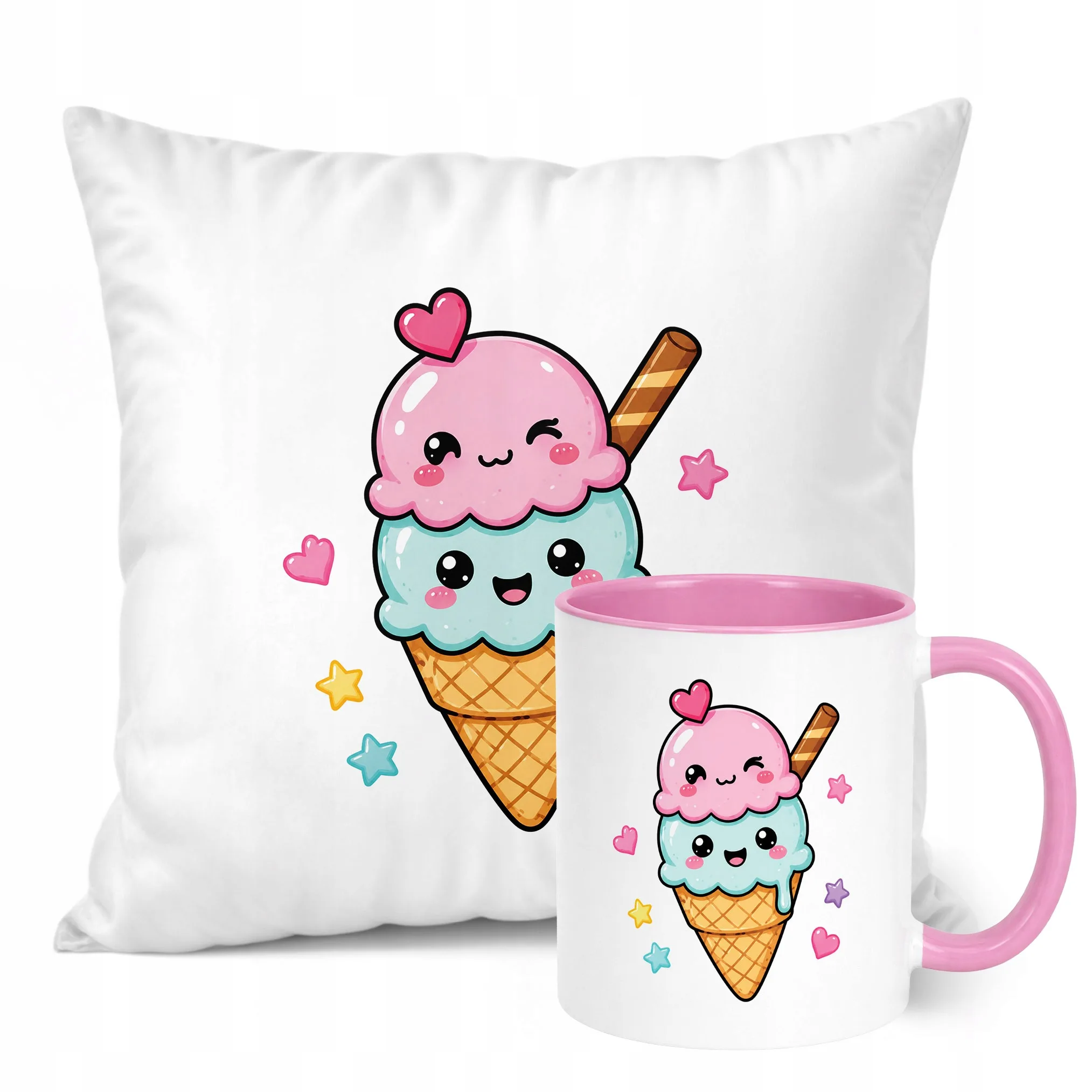 Zestaw Kubek Różowy Poduszka Z Nadrukiem Kawaii Lody Prezent