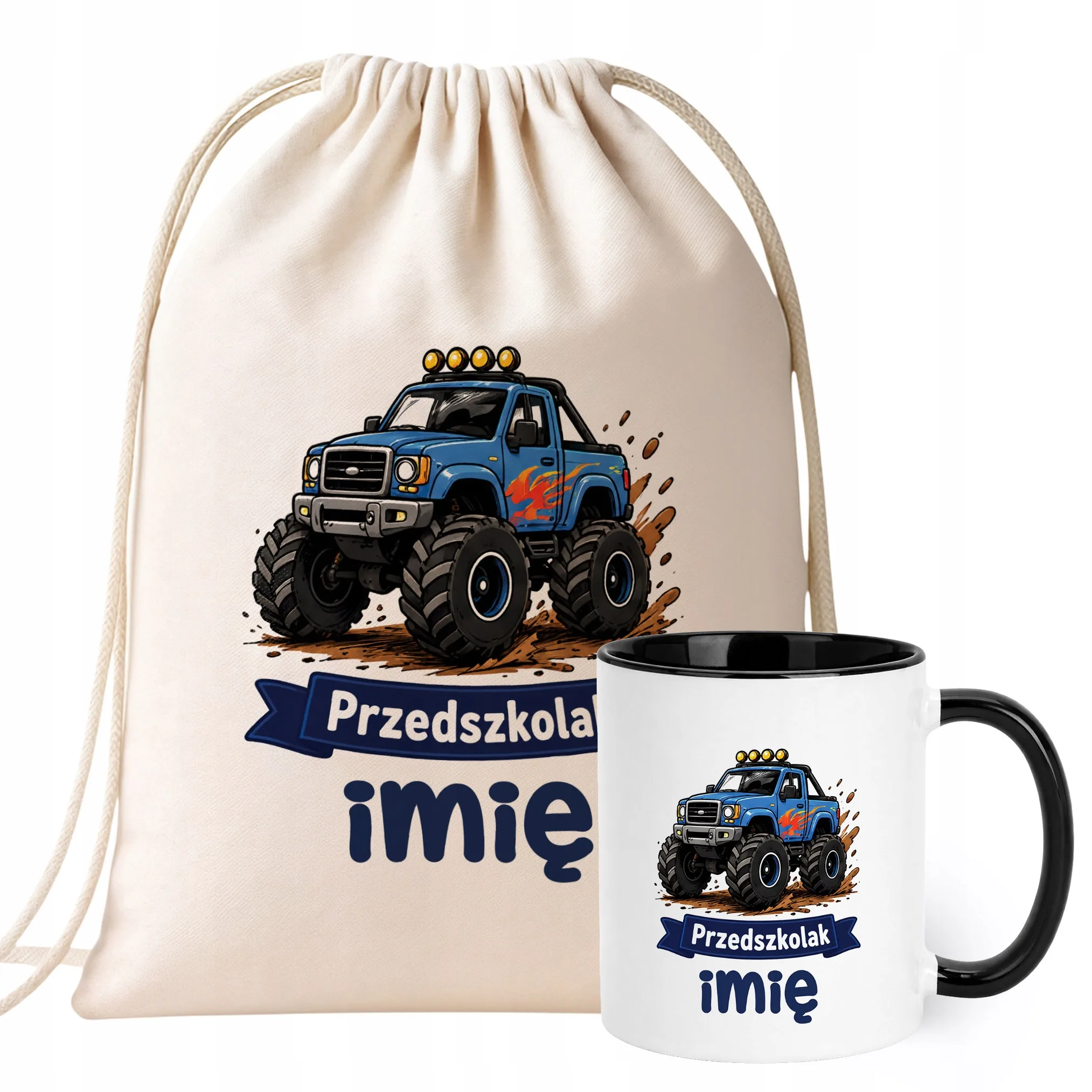 Zestaw Personalizowany Plecak Worek Kubek Czarny Przedszkolak