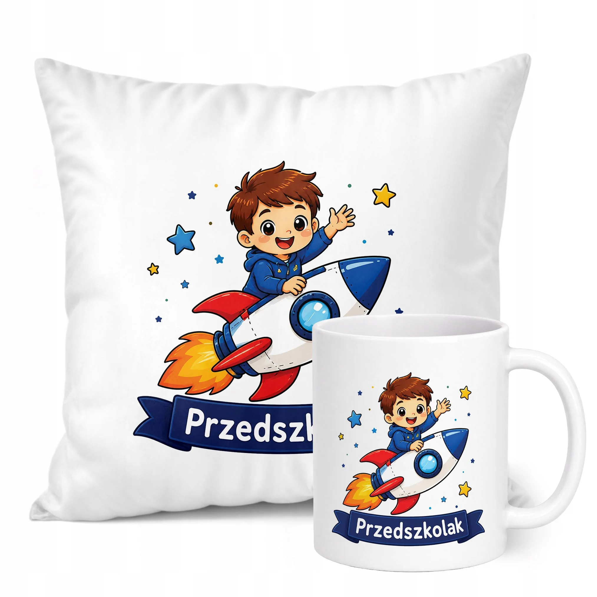 Zestaw Kubek Biały Poduszka Z Nadrukiem Przedszkolak Szkoła Prezent