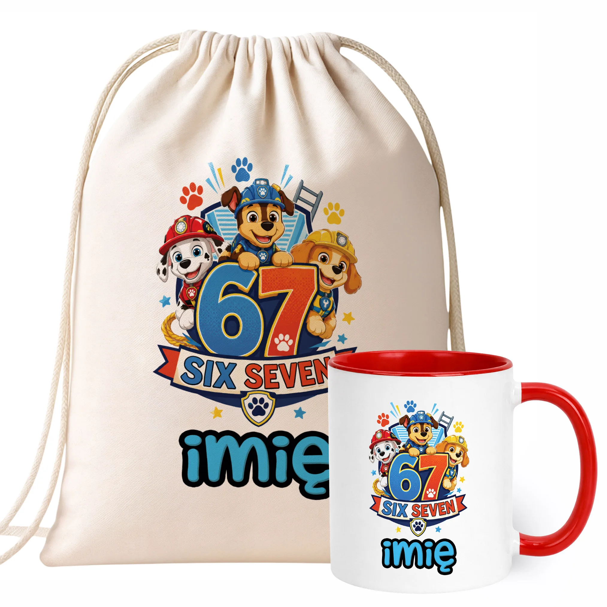 Zestaw Personalizowany Plecak Worek Kubek Czerwony Pies 67 Six Seven