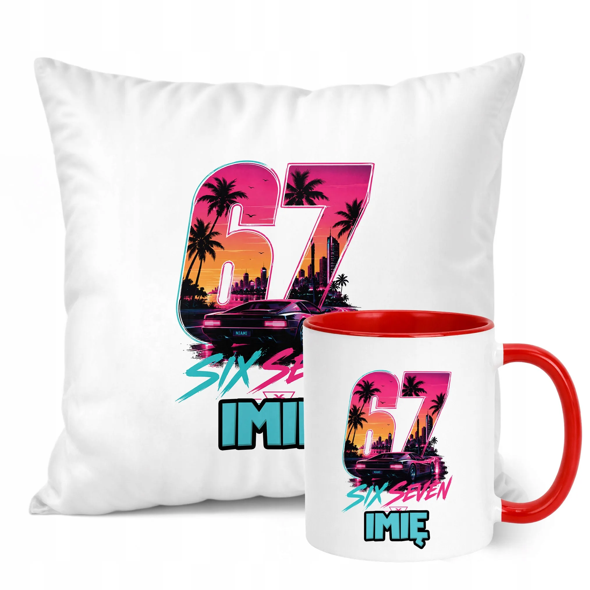 Zestaw Personalizowany Kubek Czerwony Poduszka Miami 67 Six Seven