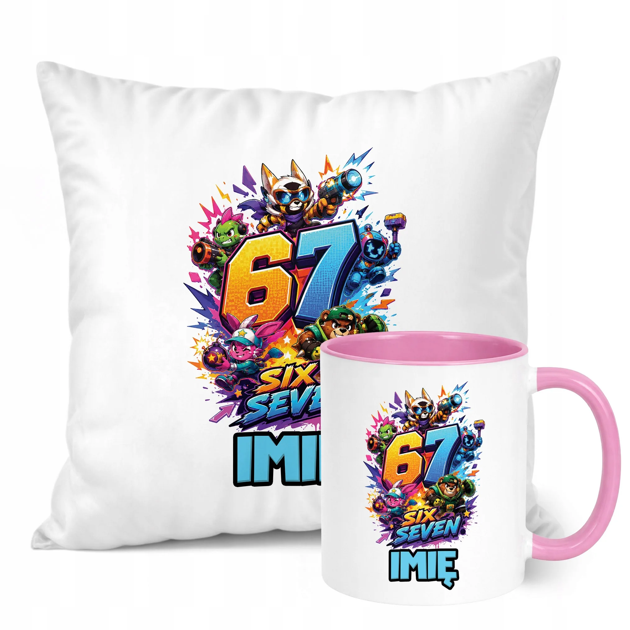 Zestaw Personalizowany Kubek Różowy Poduszka 67 Six Seven Prezent
