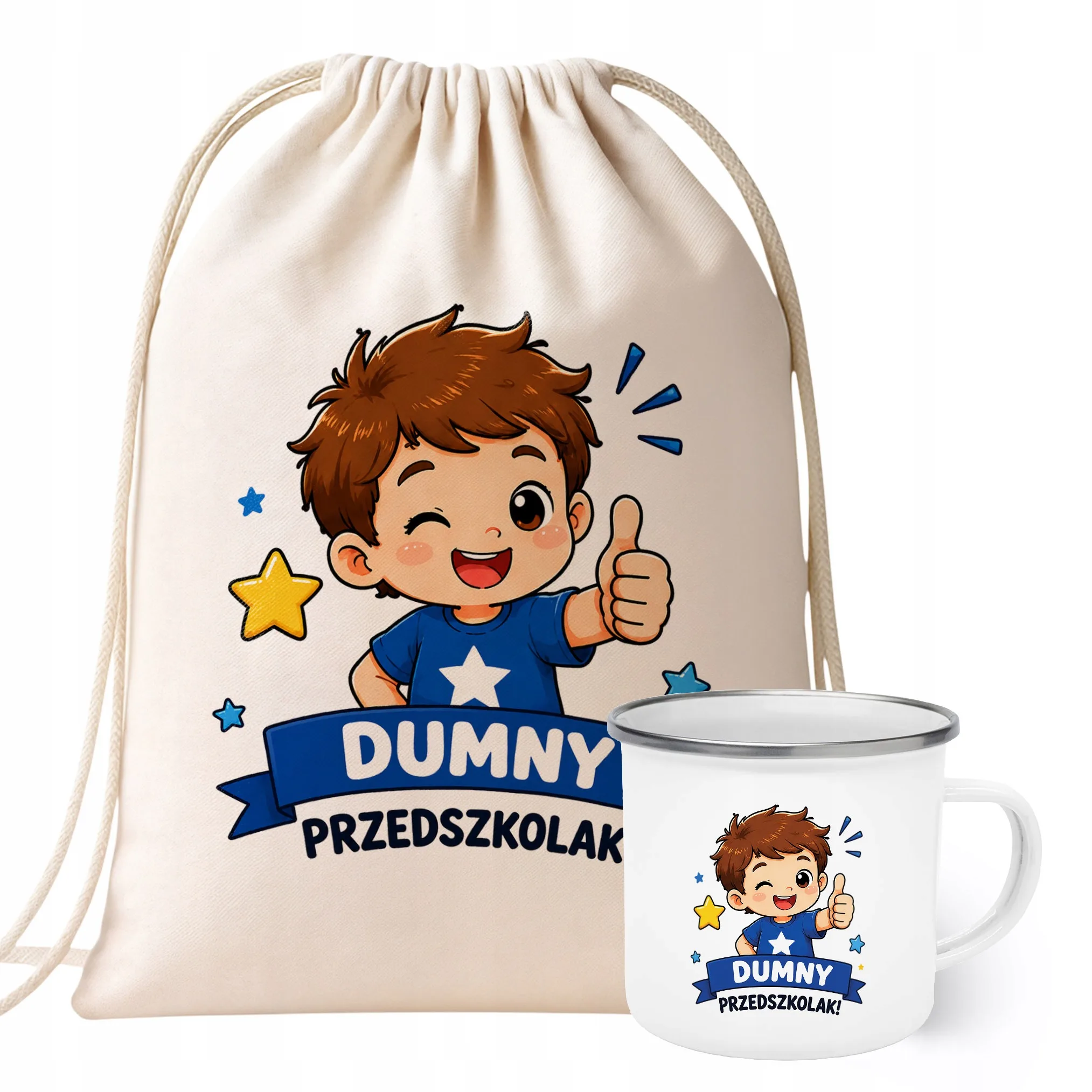 Zestaw Plecak Worek Kubek Emaliowany Z Nadrukiem Przedszkolak Szkoła