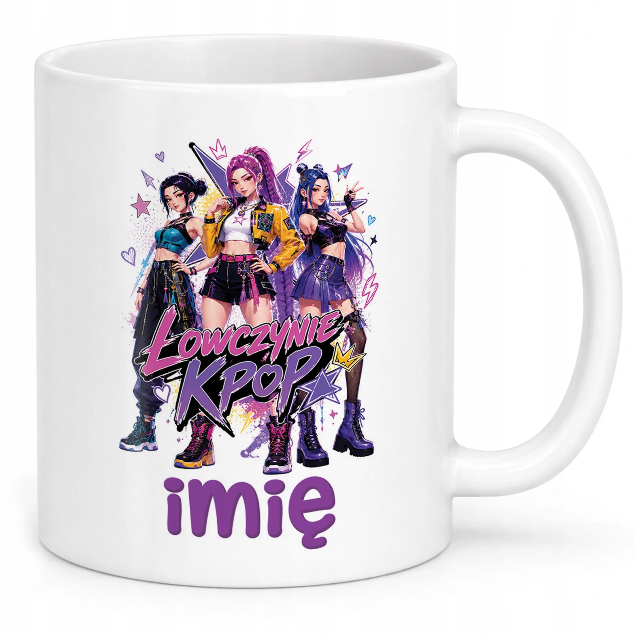 Biały Kubek z nadrukiem personalizowany ŁOWCZYNIE KPOP Dla Dzieci Prezent