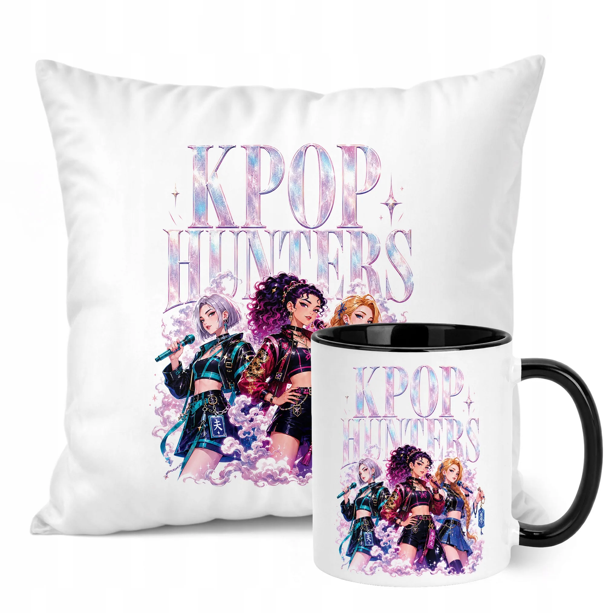 Zestaw Kubek Czarny Poduszka Z Nadrukiem ŁOWCZYNIE KPOP Prezent