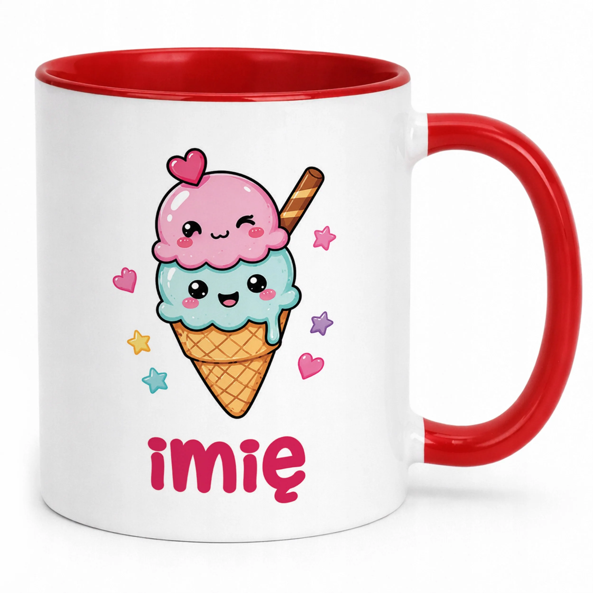 Kubek Czerwony z nadrukiem personalizowany Kawaii Lody Dla Dzieci Prezent