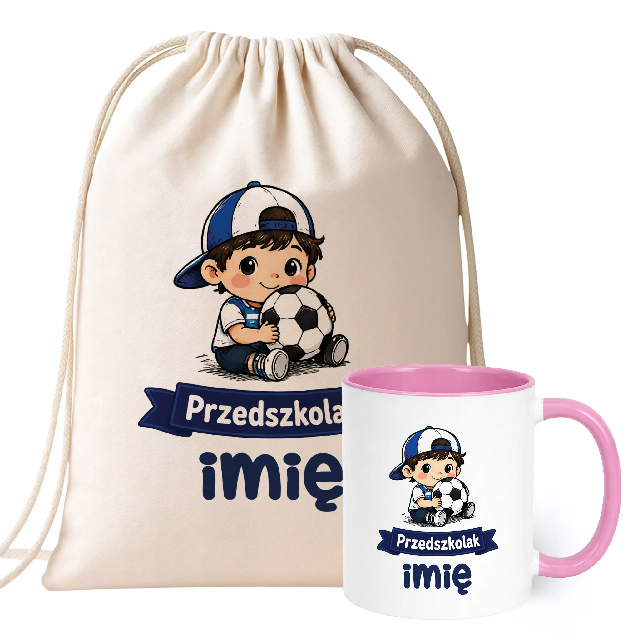 Zestaw Personalizowany Plecak Worek Kubek Różowy Przedszkolak Piłka nożna