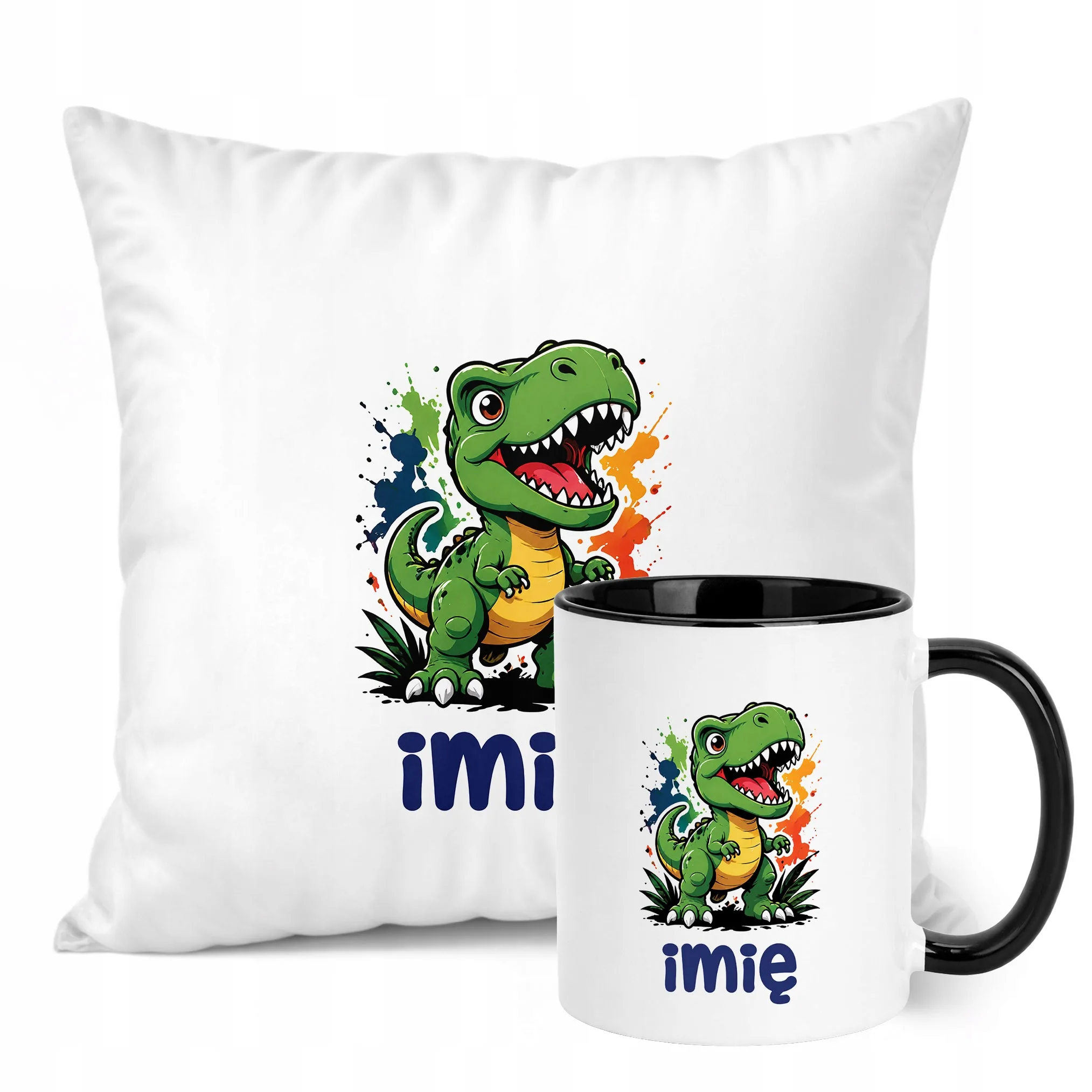 Zestaw Personalizowany Kubek Czarny Poduszka T-rex Prezent